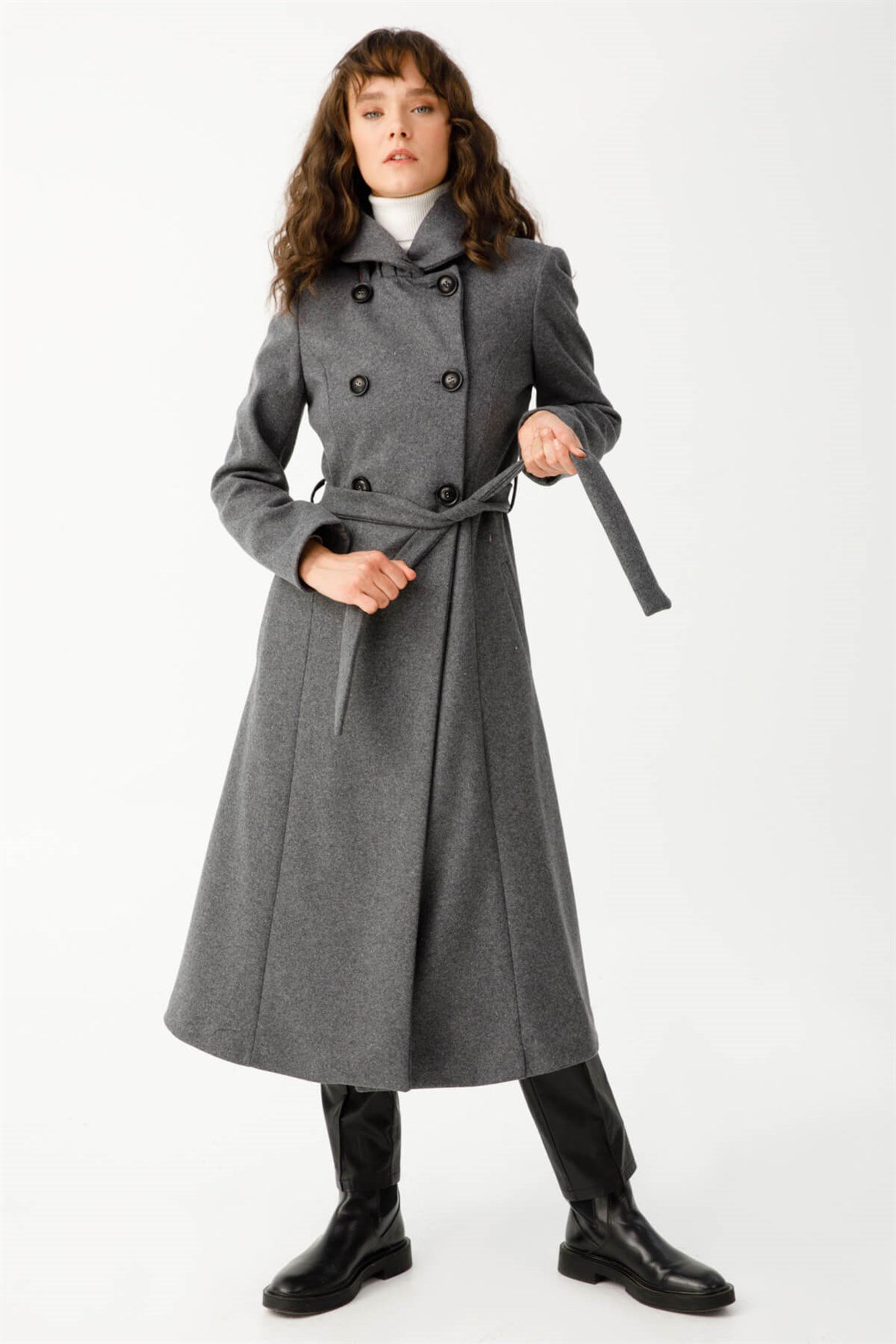 Boğum Yakalı Kruvaze Manto  Antrasit