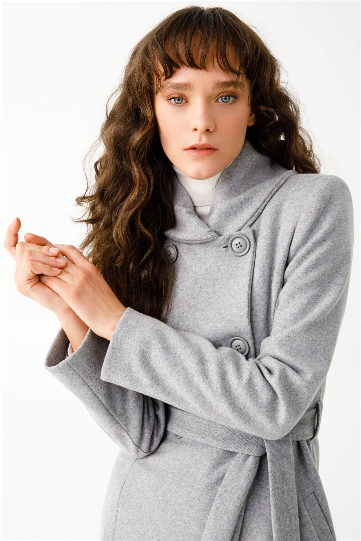 Boğum Yakalı Kruvaze Manto  Gri