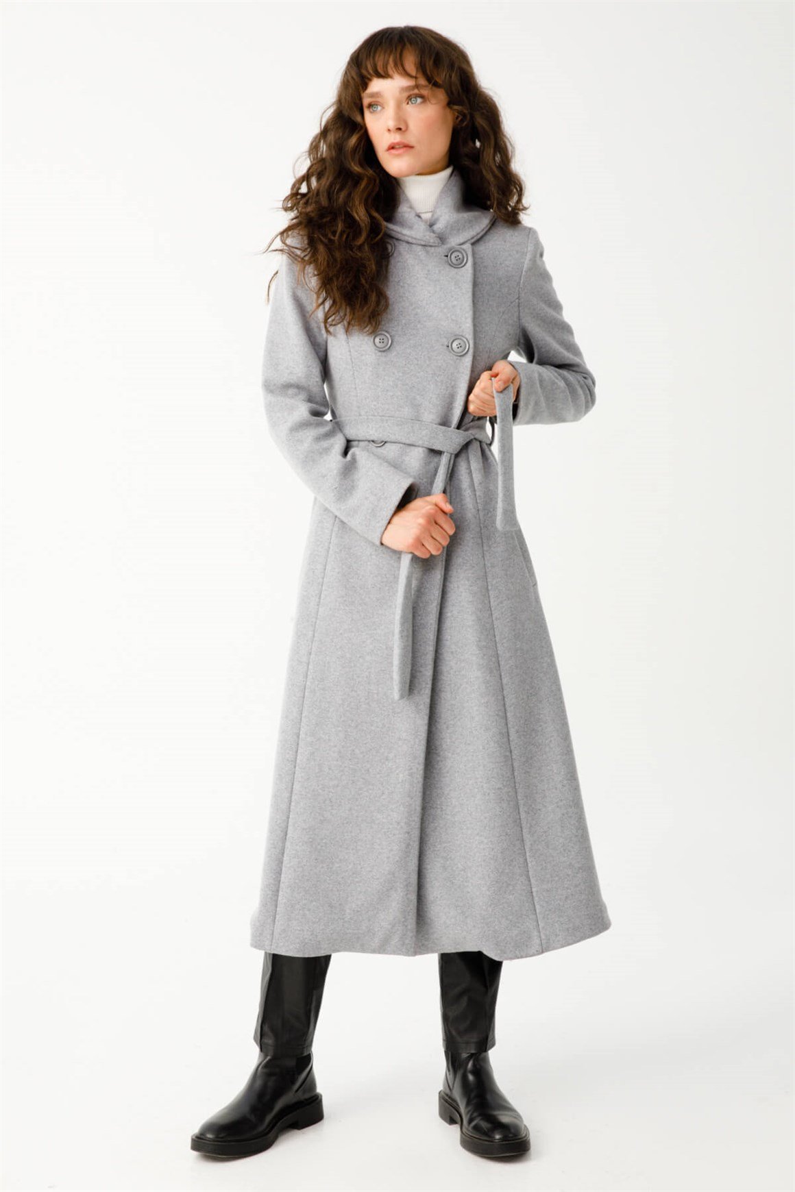 Boğum Yakalı Kruvaze Manto  Gri