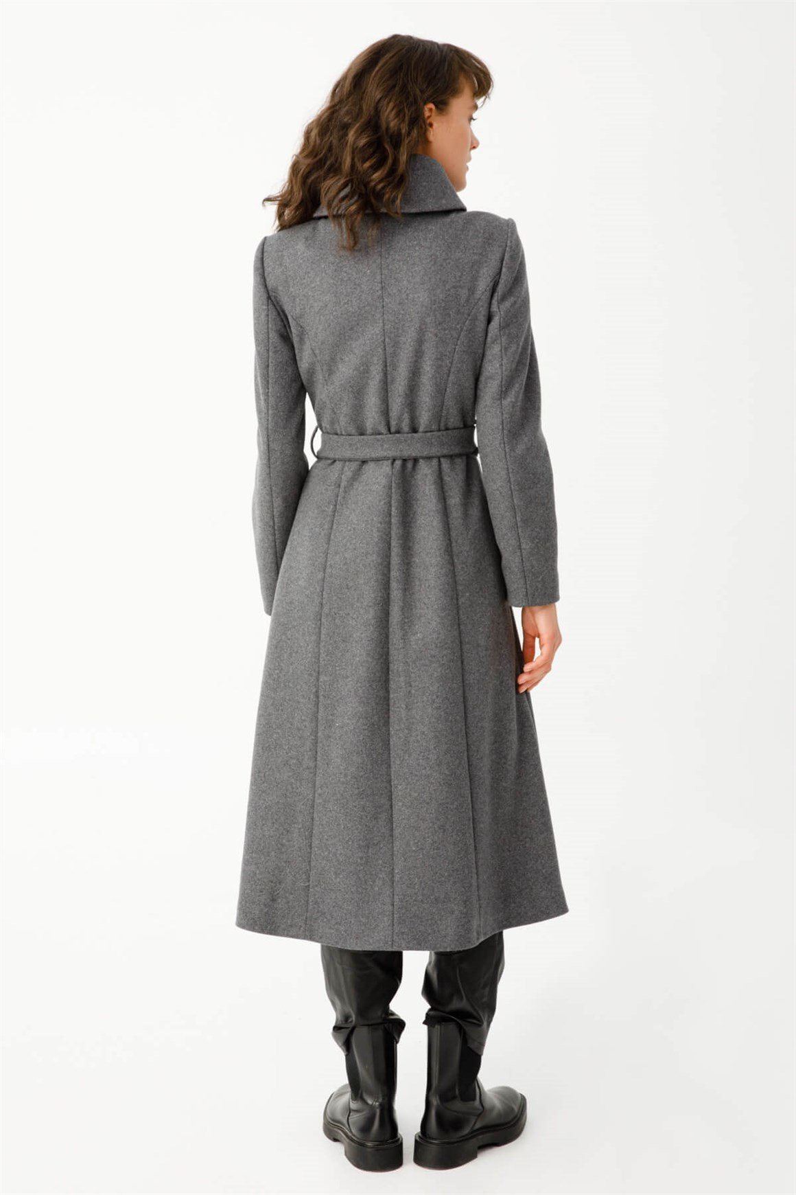 Boğum Yakalı Kruvaze Manto  Antrasit