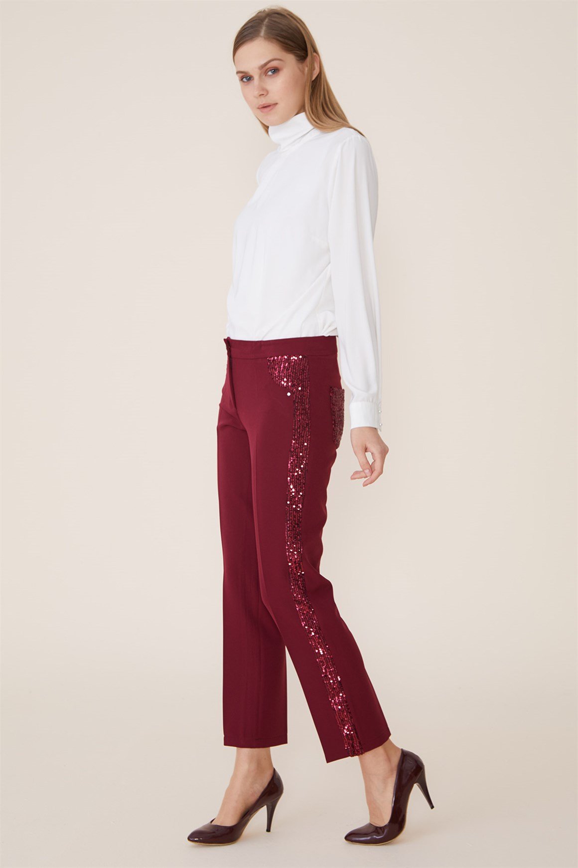 Bordo - Pul Payet Detaylı Pantolon