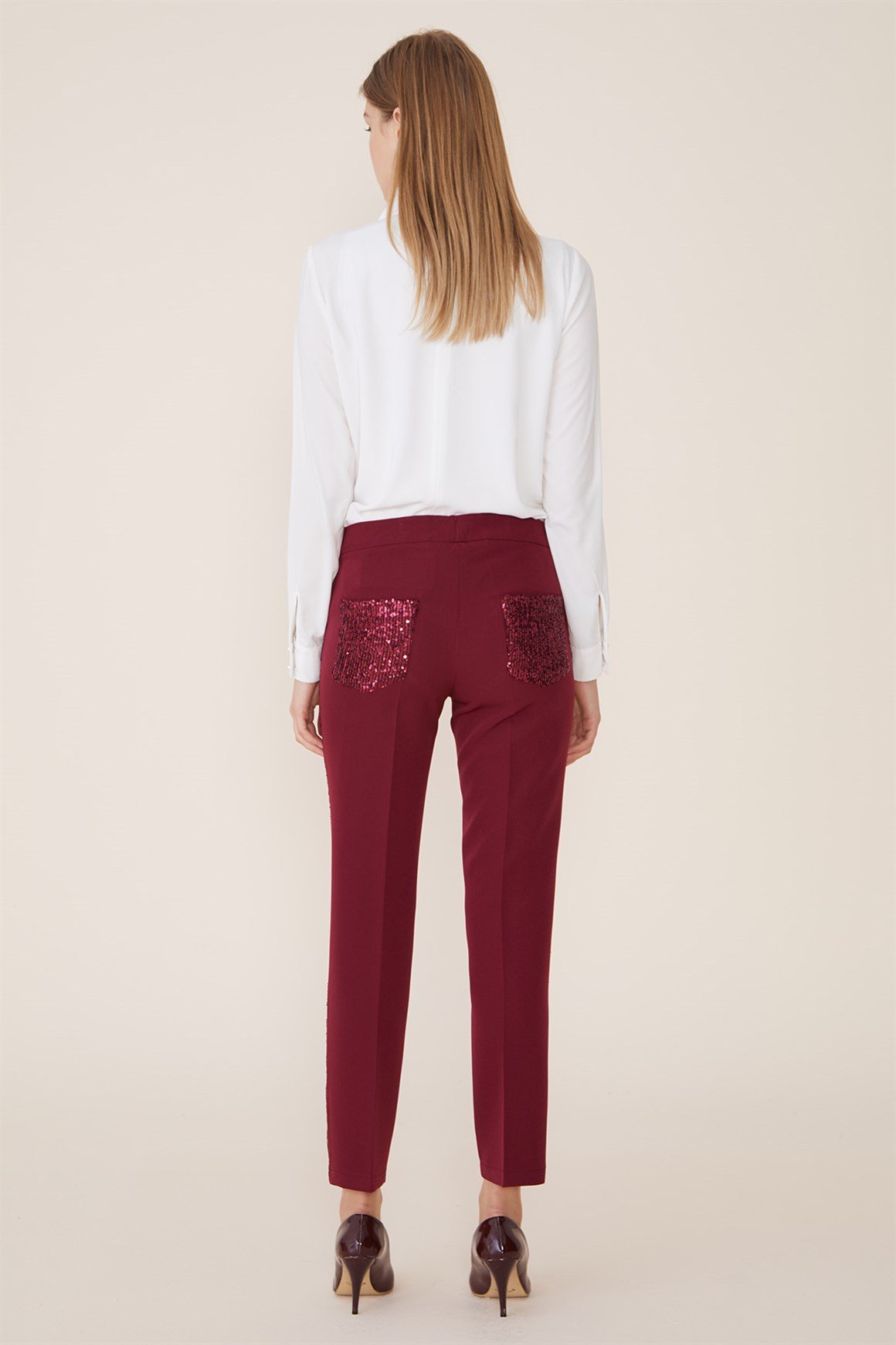 Bordo - Pul Payet Detaylı Pantolon