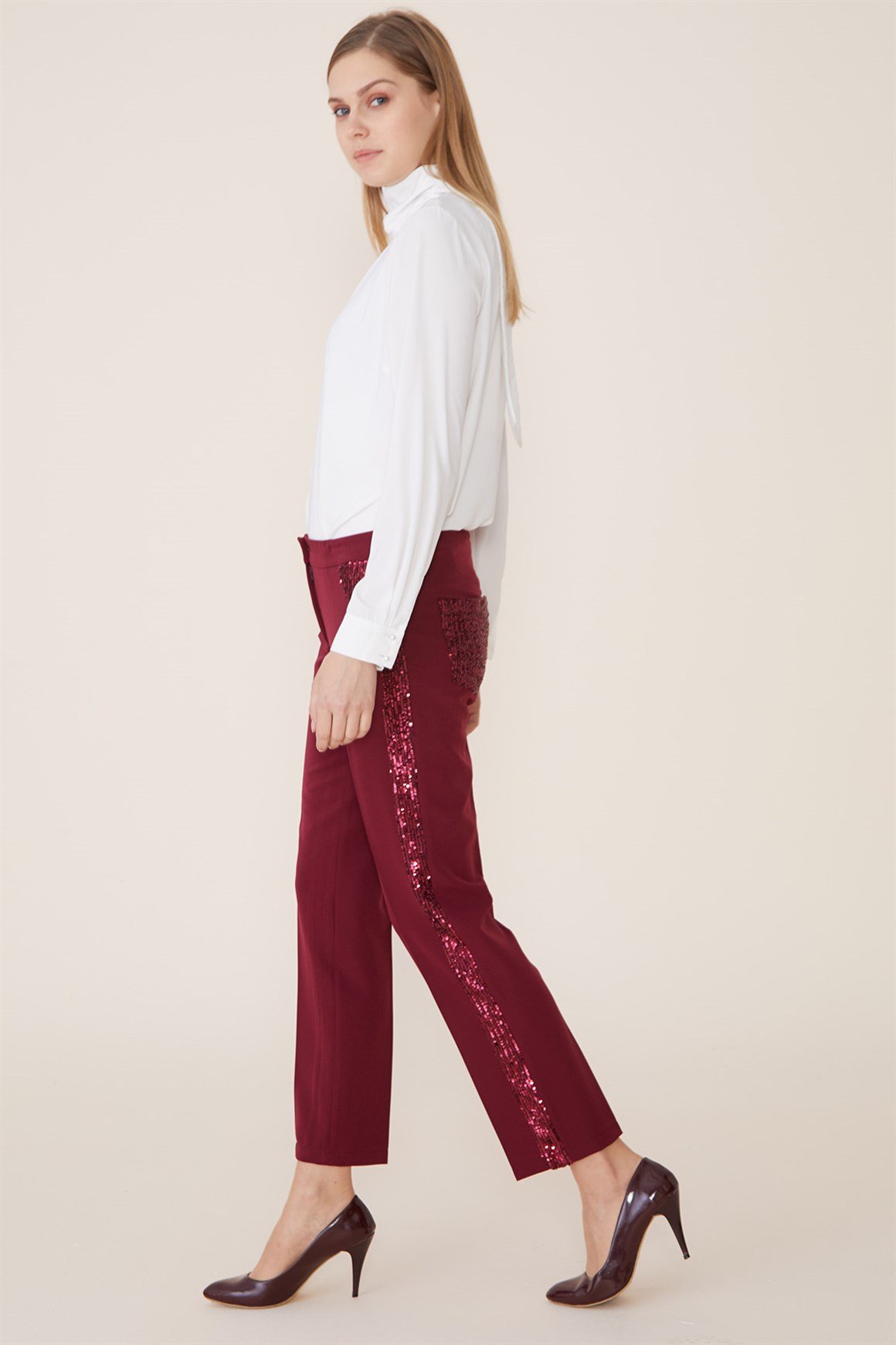 Bordo - Pul Payet Detaylı Pantolon
