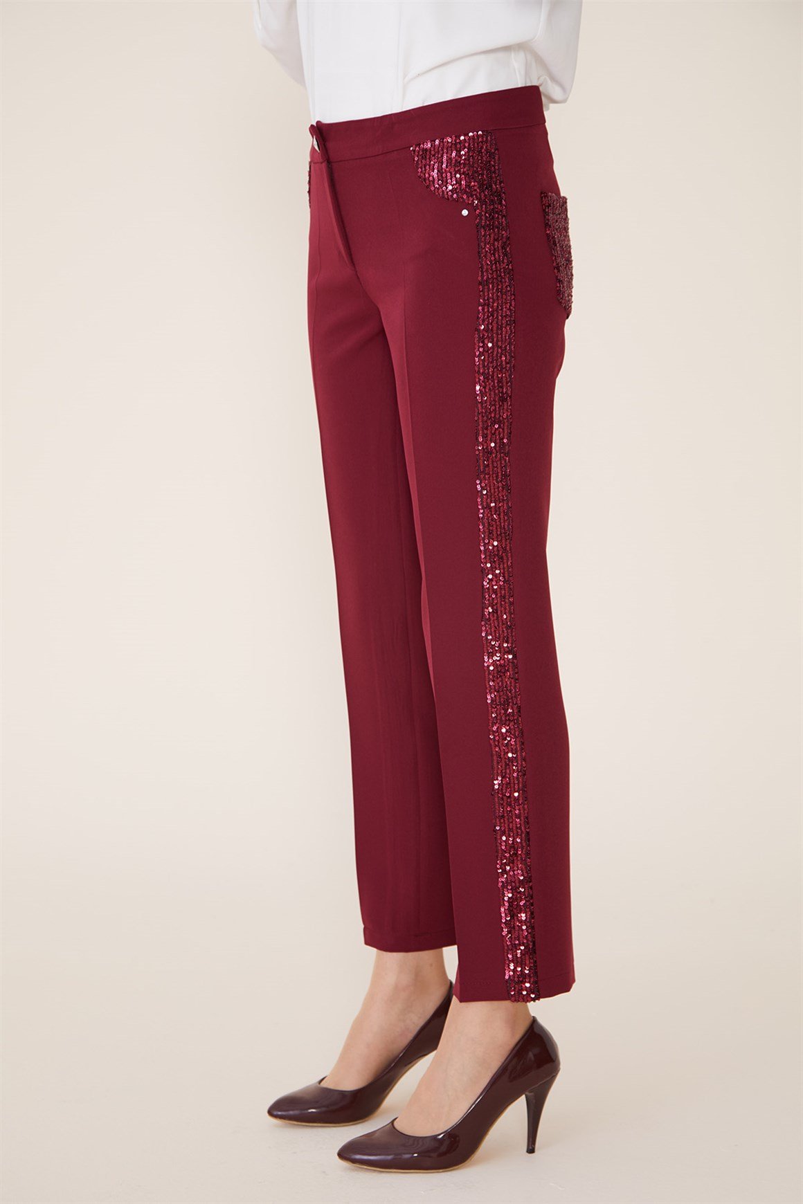Bordo - Pul Payet Detaylı Pantolon