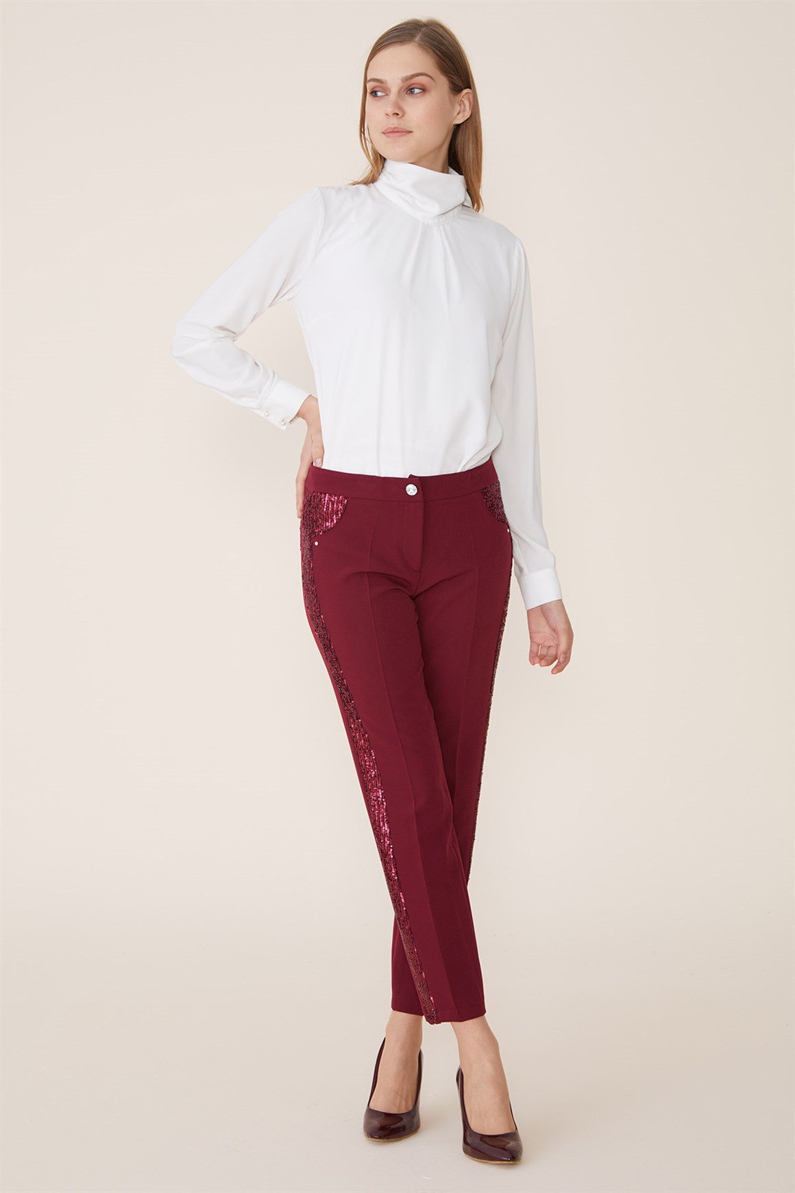 Bordo - Pul Payet Detaylı Pantolon