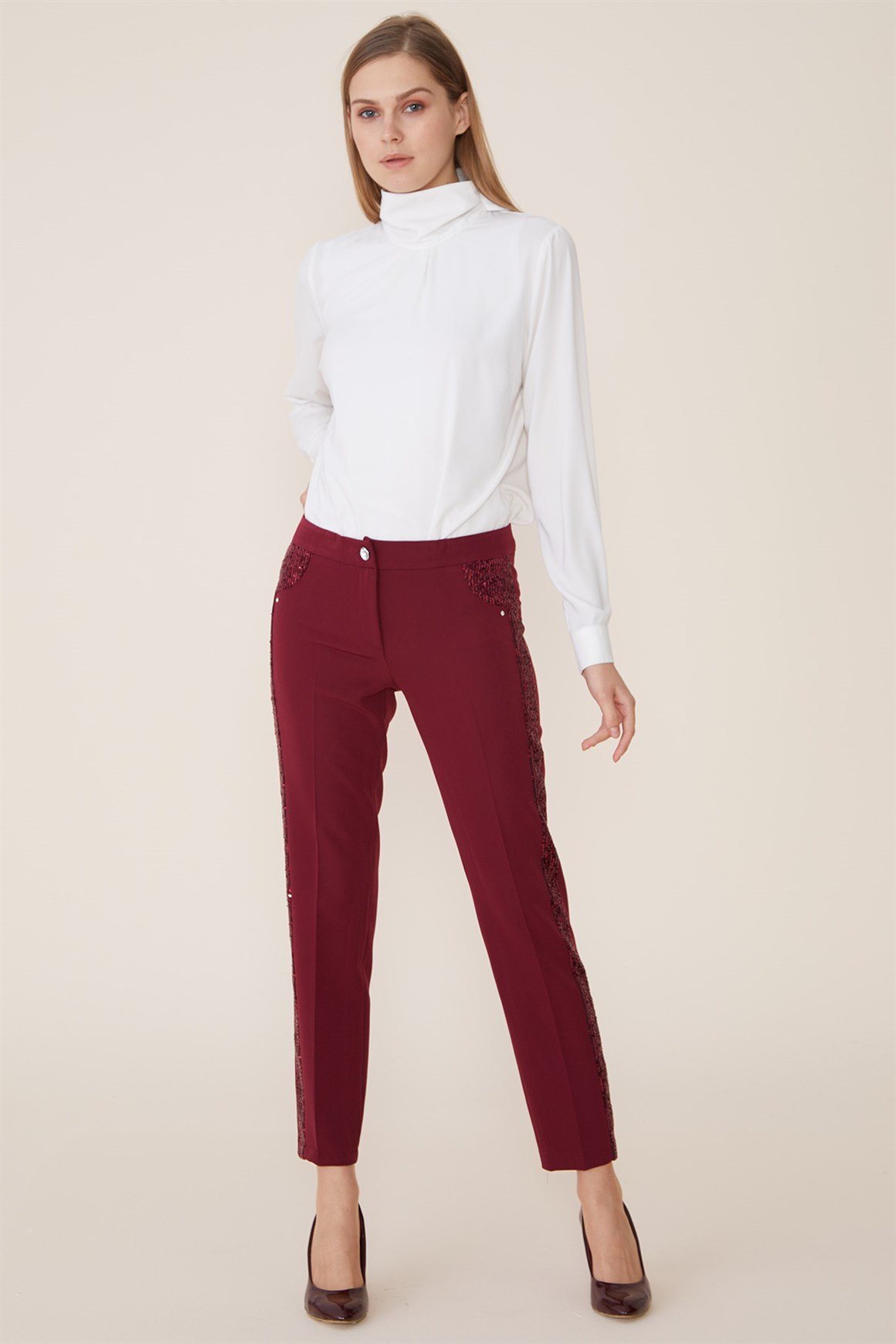 Bordo - Pul Payet Detaylı Pantolon