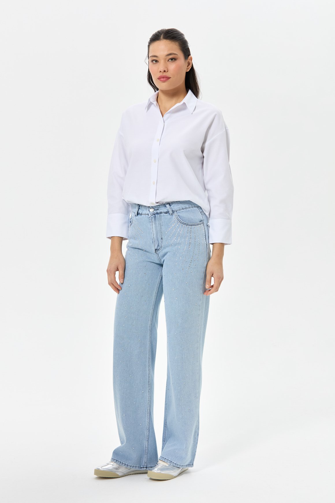 Güneş Desen Taşlı Kot Pantolon  Mavi