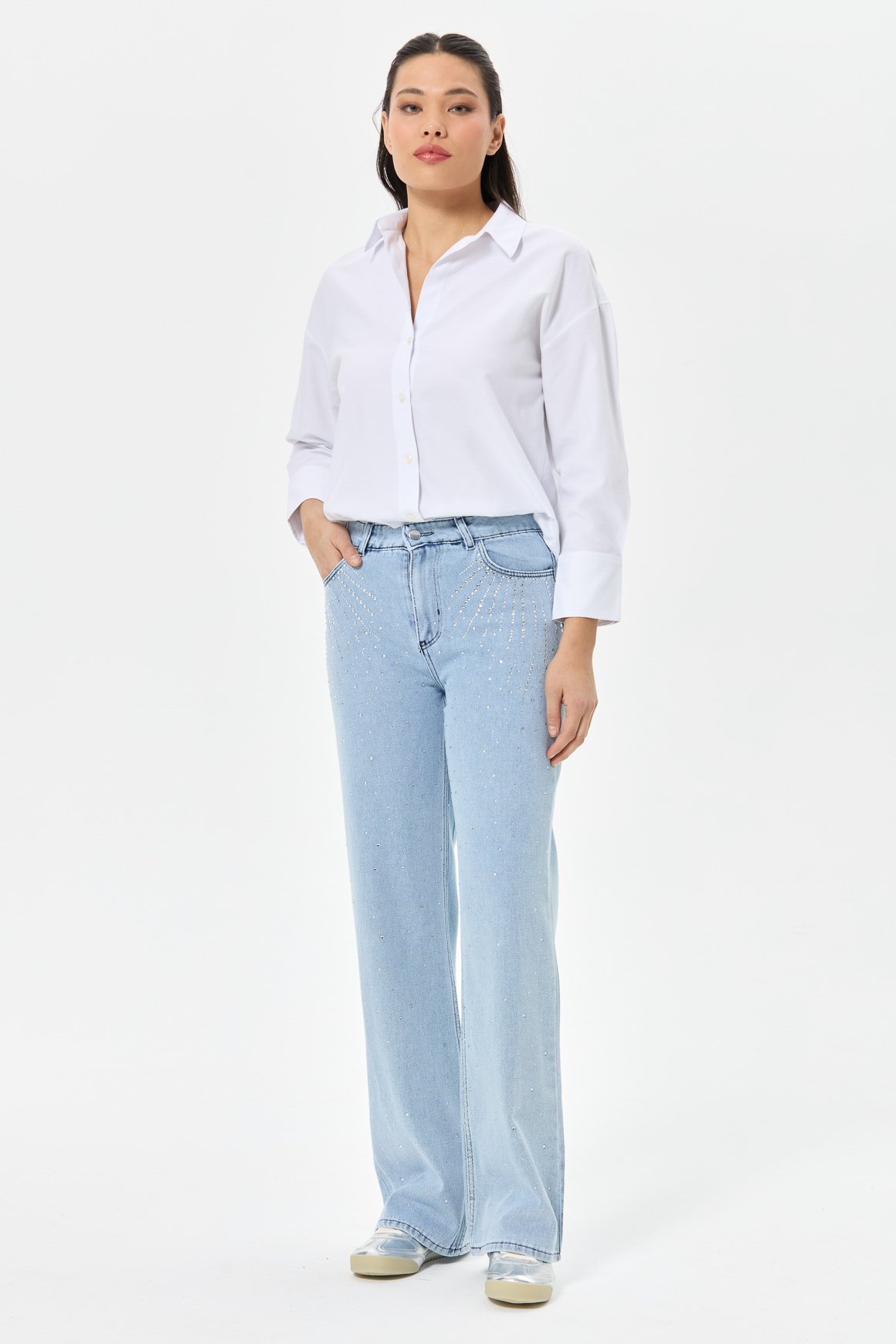 Güneş Desen Taşlı Kot Pantolon  Mavi