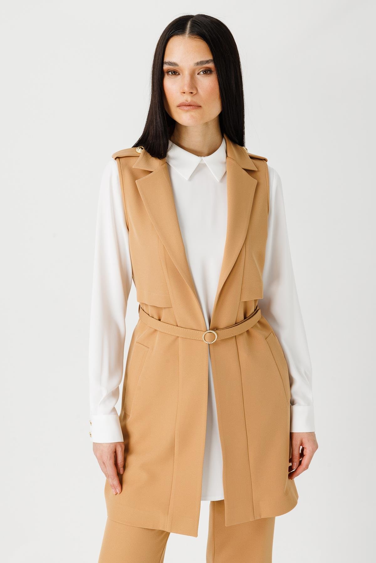 Aller Detaylı İnce Kemerli Yelek Pantolon Tunik  Camel