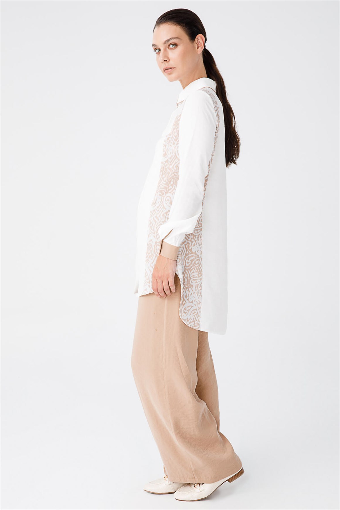 Batik Desenli Tunik Pantolonlu Takım  Vizon
