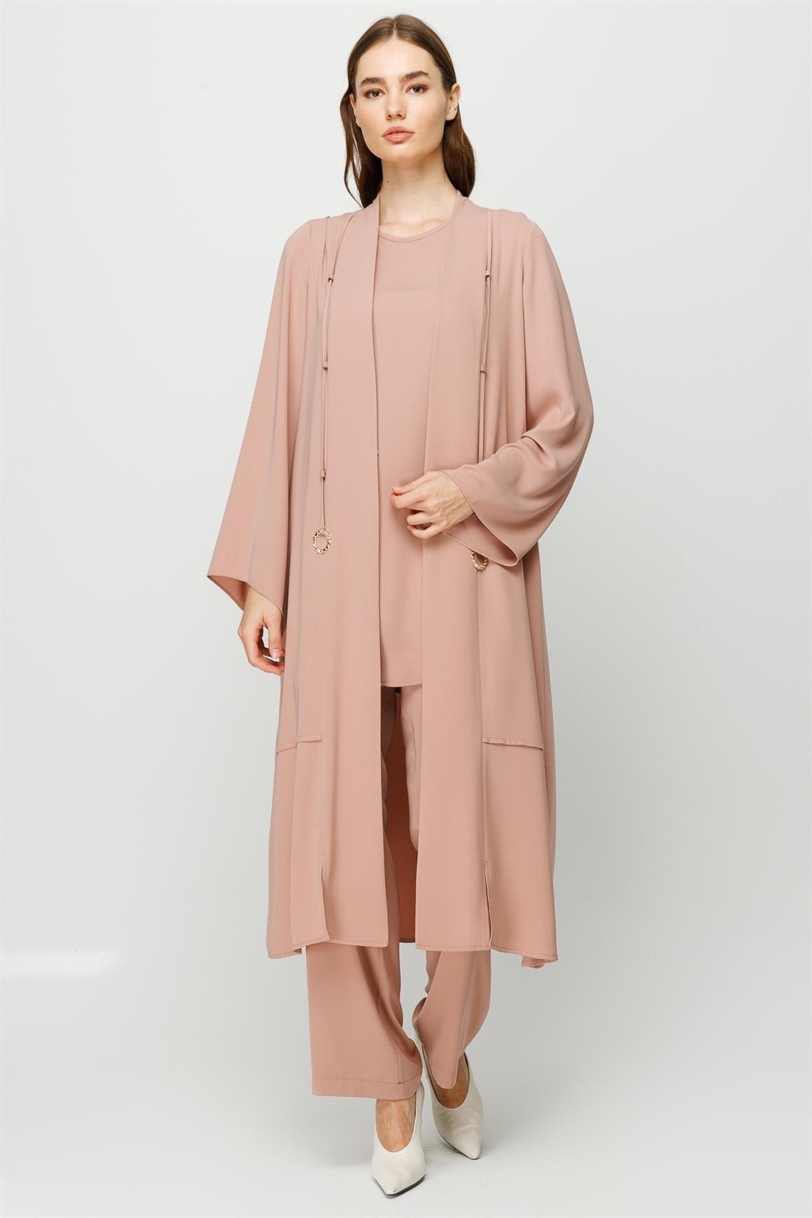 Biye Detaylı Bluz Ceket Pantolon Takım  Pudra