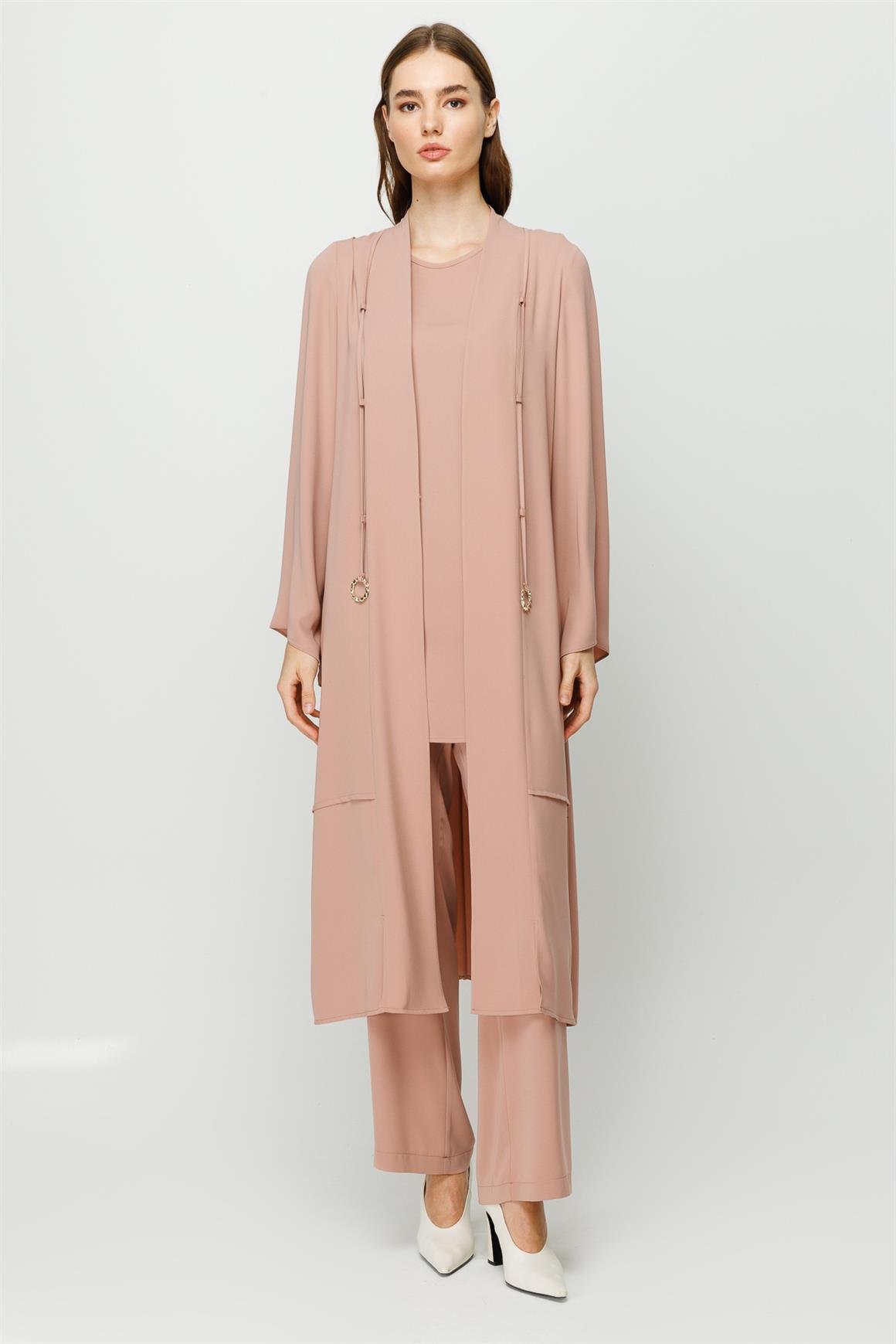 Biye Detaylı Bluz Ceket Pantolon Takım  Pudra