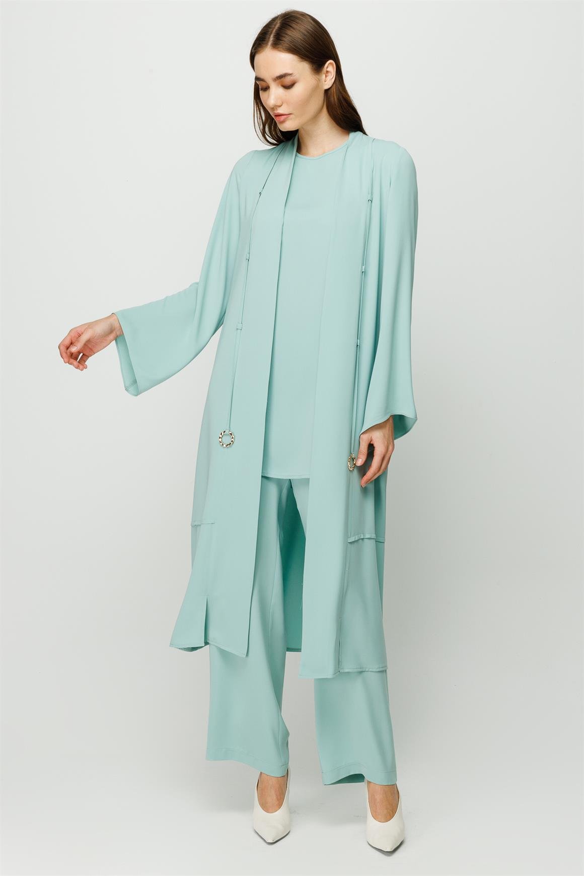 Biye Detaylı Bluz Ceket Pantolon Takım  Mint