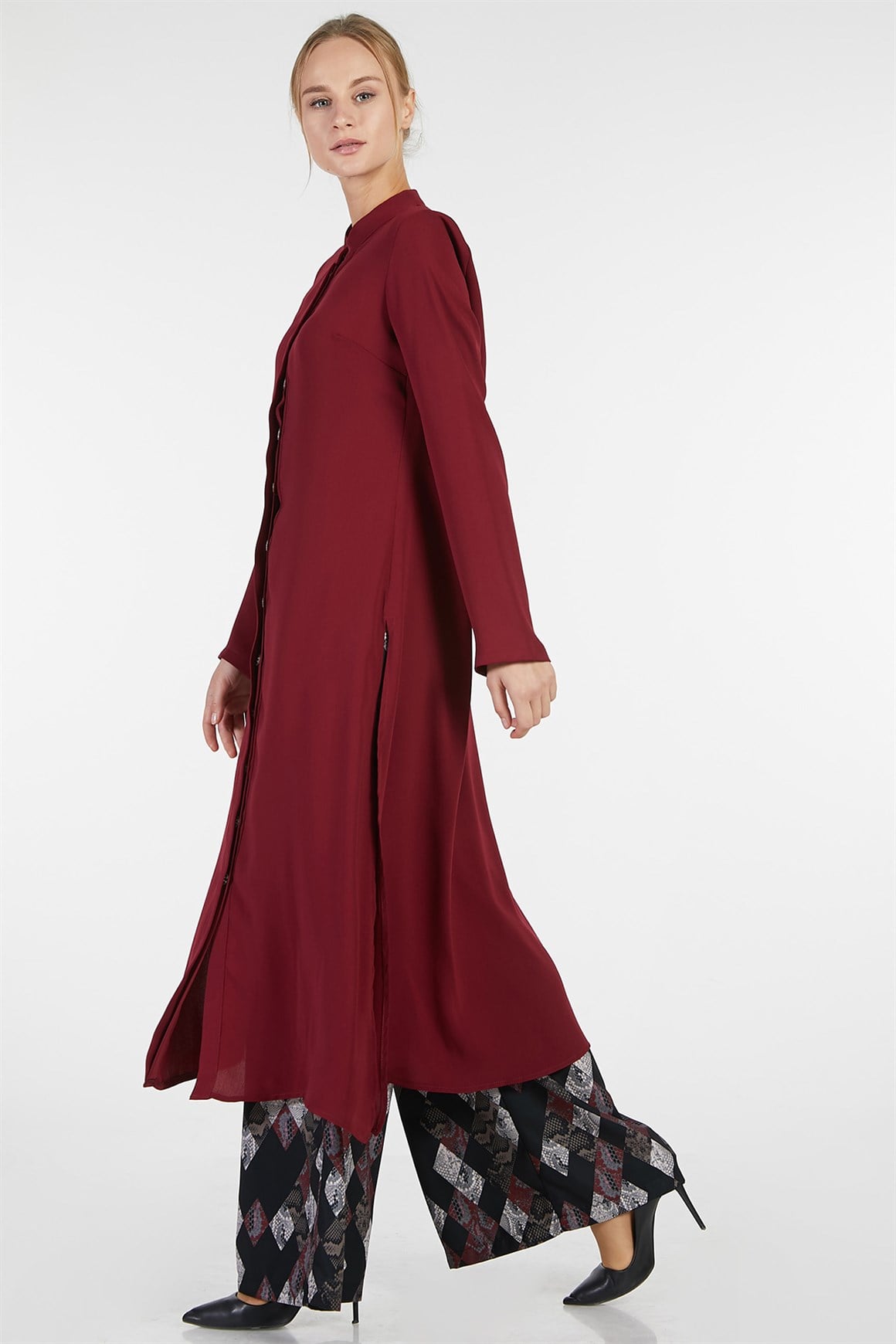 Bordo - Tuniği Garnili Baskılı ve Beli Lastikli Pantolonlu Takım