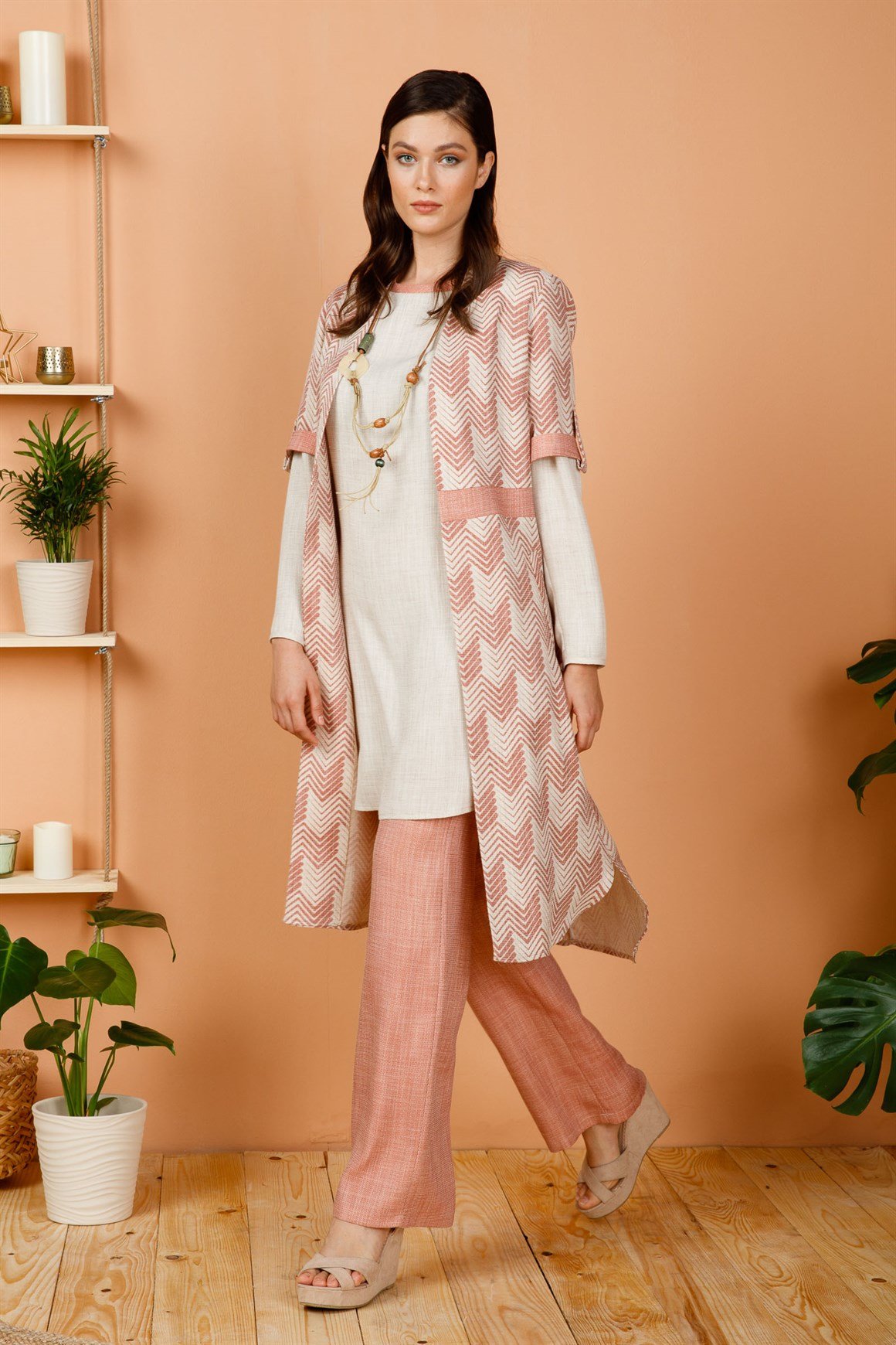 Bordo Desenli Keten Uzun Ceket Tunik Ve Pantolonlu Takım