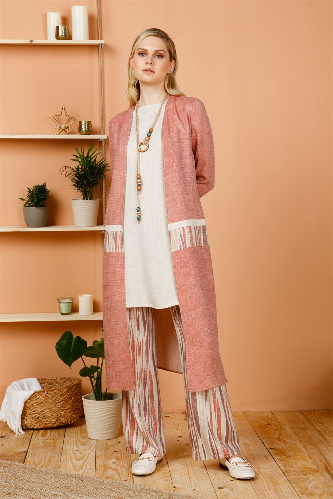Bordo Keten Desenli Uzun Ceket Tunik