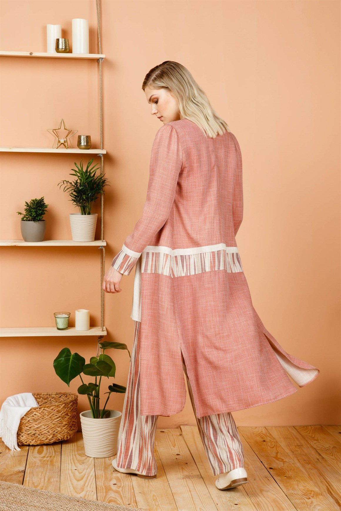Bordo Keten Desenli Uzun Ceket Tunik