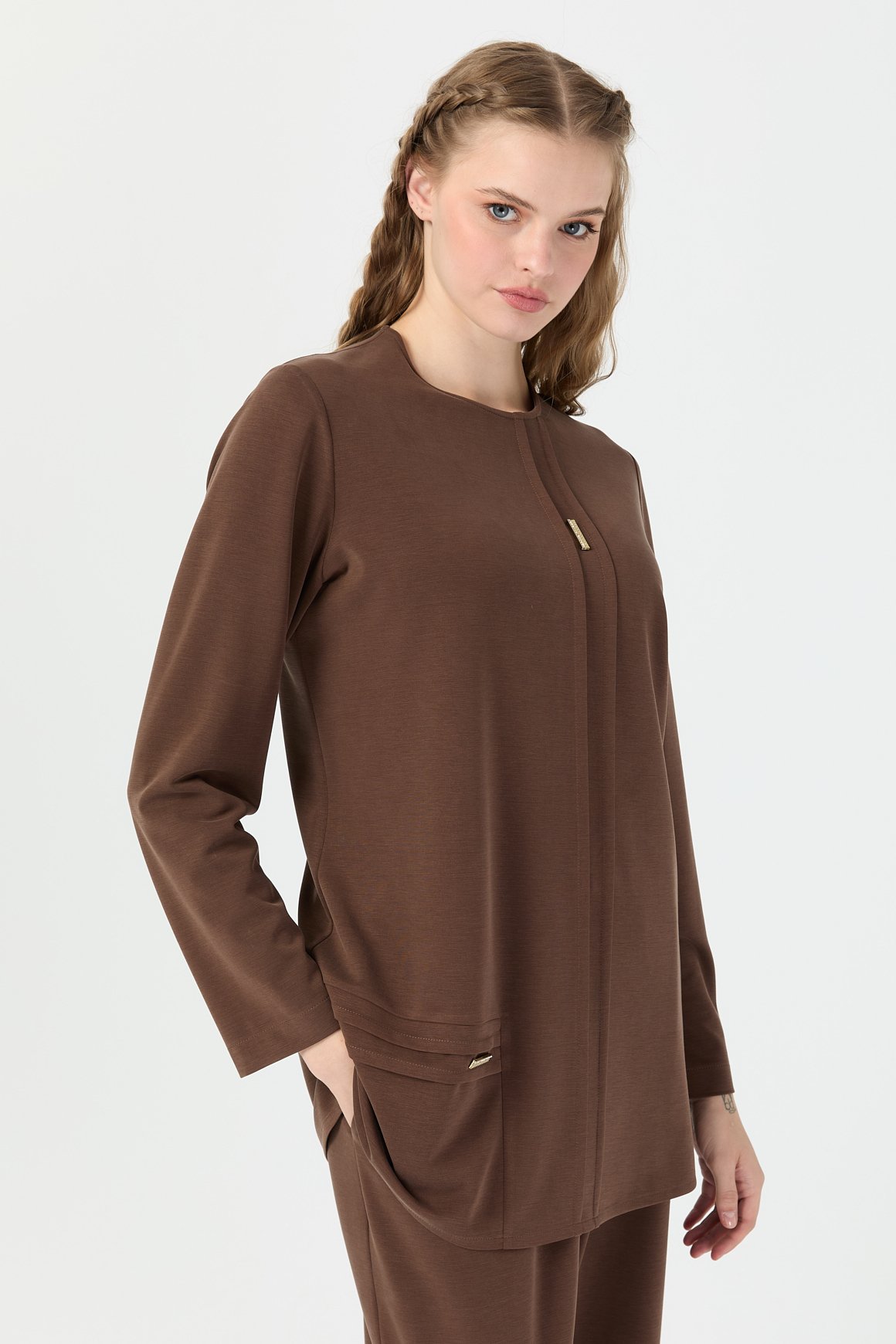 Brit Detaylı Doğal Elyaflı Pantolonlu Takım  Kahve