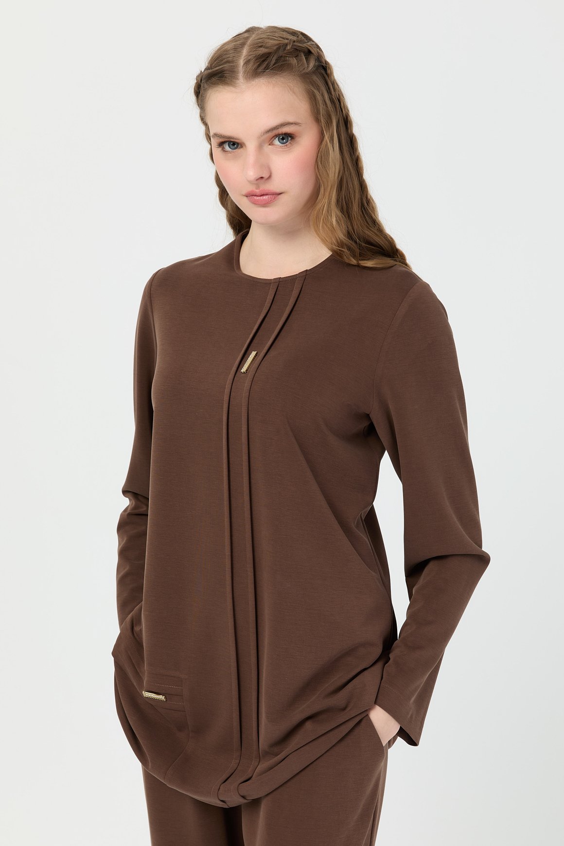 Brit Detaylı Doğal Elyaflı Pantolonlu Takım  Kahve