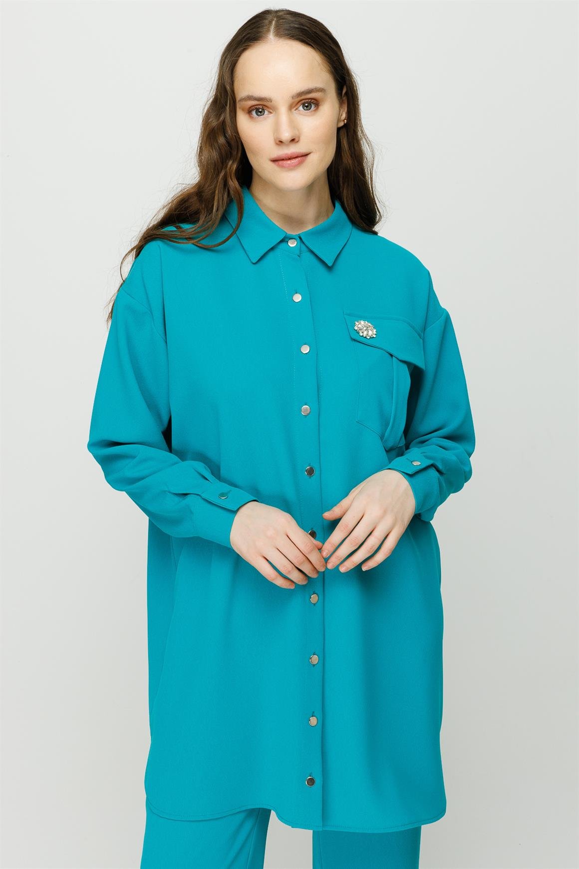 Broş Detaylı Pantolon Tunik Takım  Turkuaz