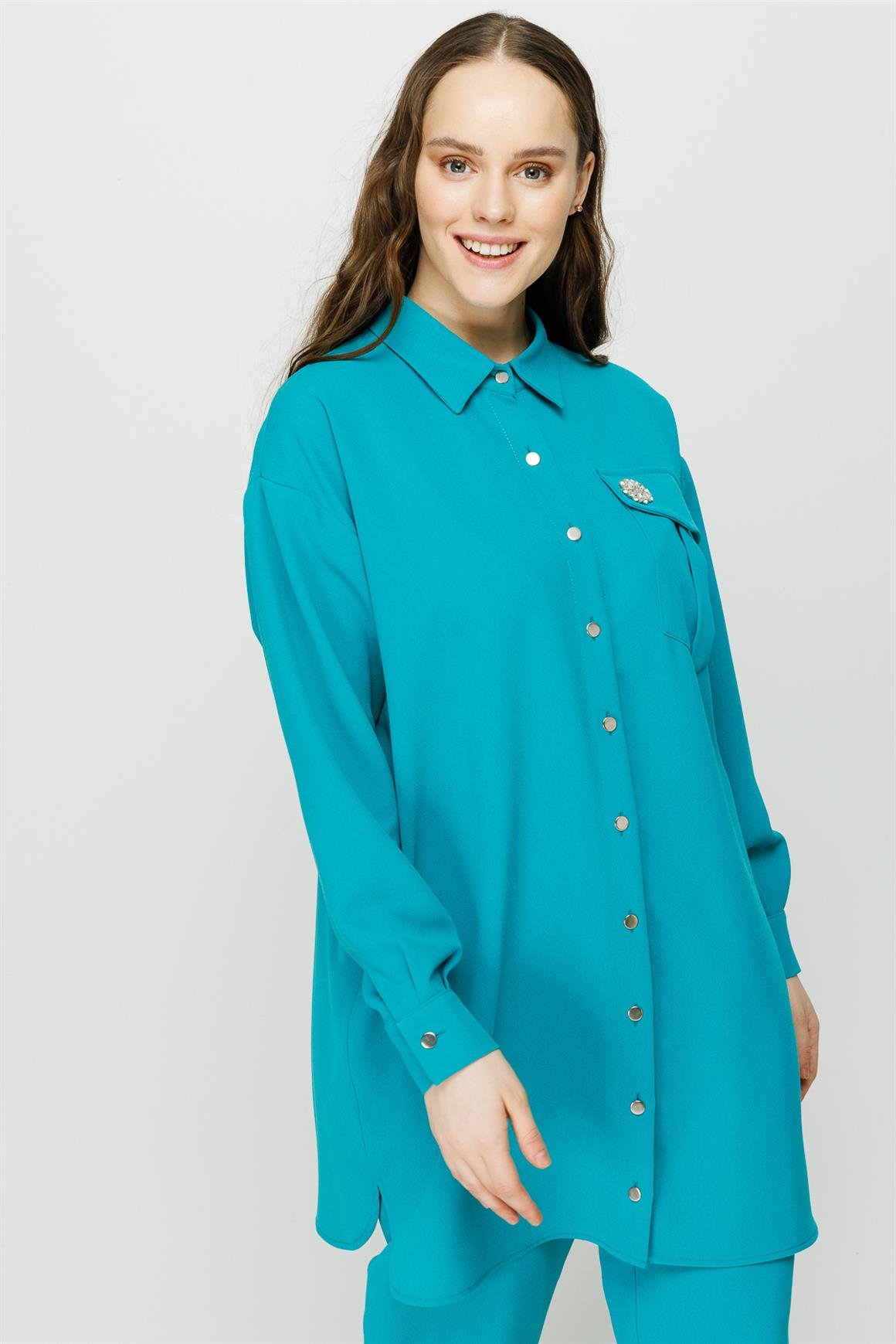 Broş Detaylı Pantolon Tunik Takım  Turkuaz