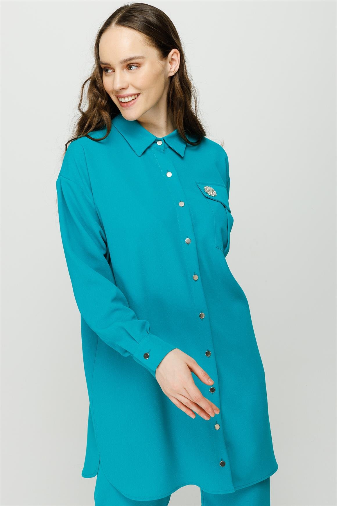 Broş Detaylı Pantolon Tunik Takım  Turkuaz