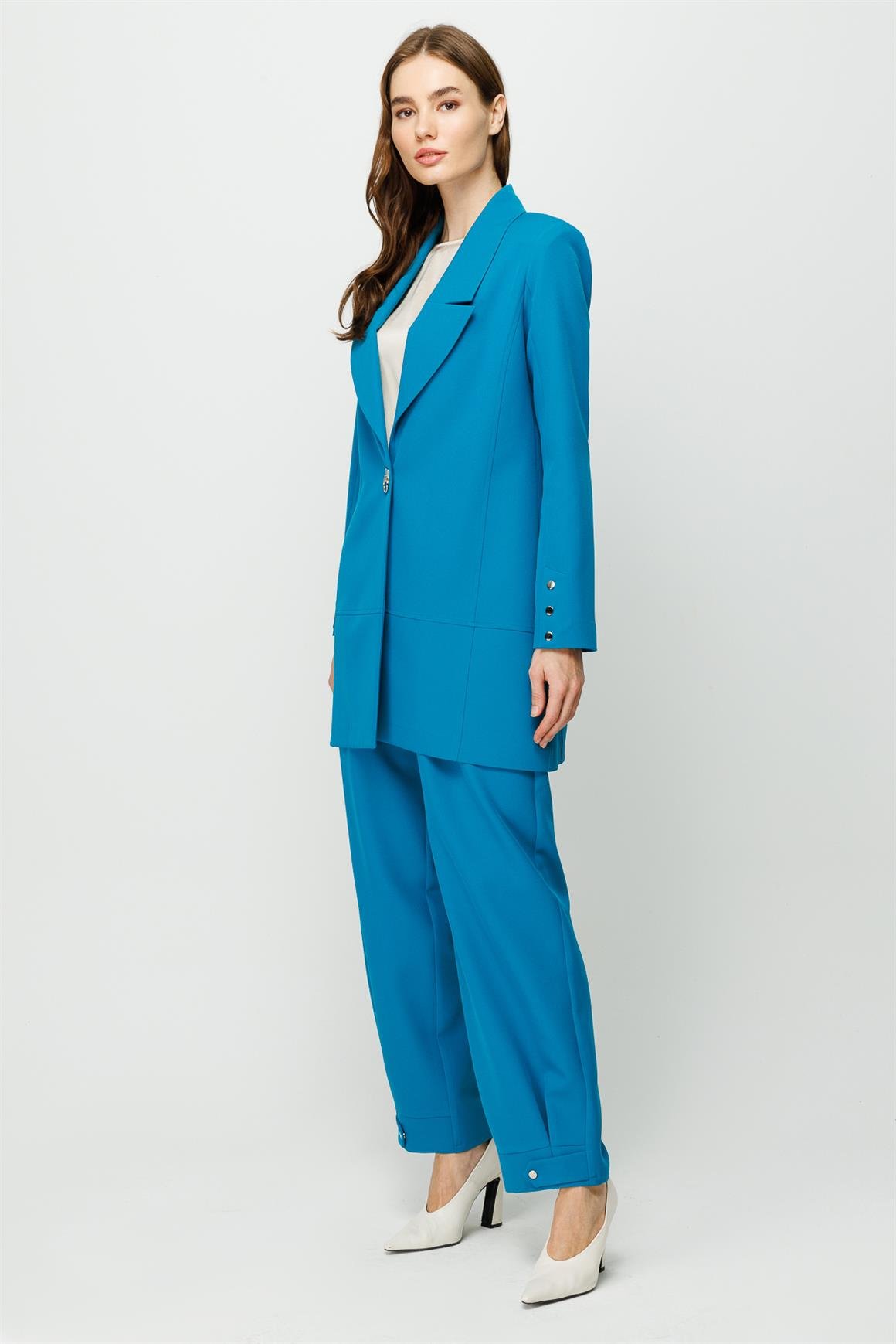Çıt Çıt Detaylı Oversize Ceket Pantolon Takım  Turkuaz