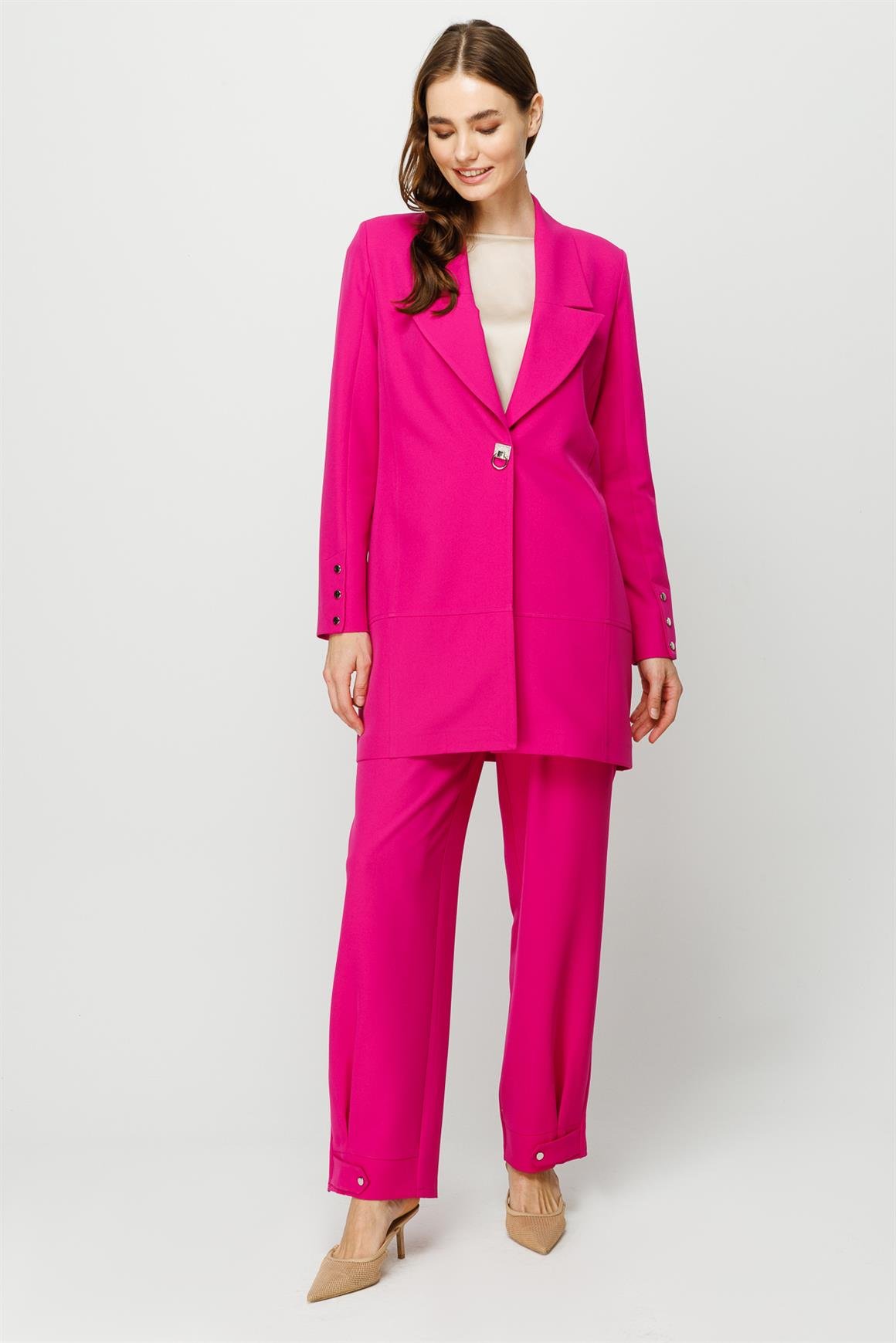 Çıt Çıt Detaylı Oversize Ceket Pantolon Takım  Fuşya