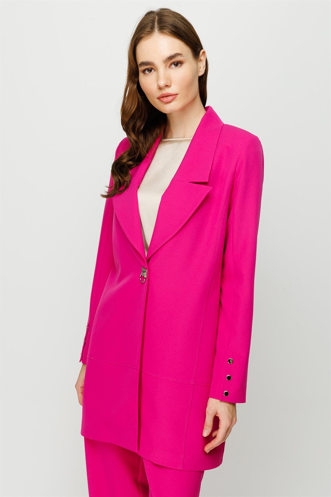 Çıt Çıt Detaylı Oversize Ceket Pantolon Takım  Fuşya