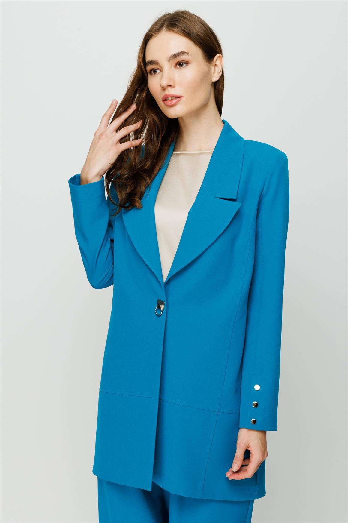 Çıt Çıt Detaylı Oversize Ceket Pantolon Takım  Turkuaz