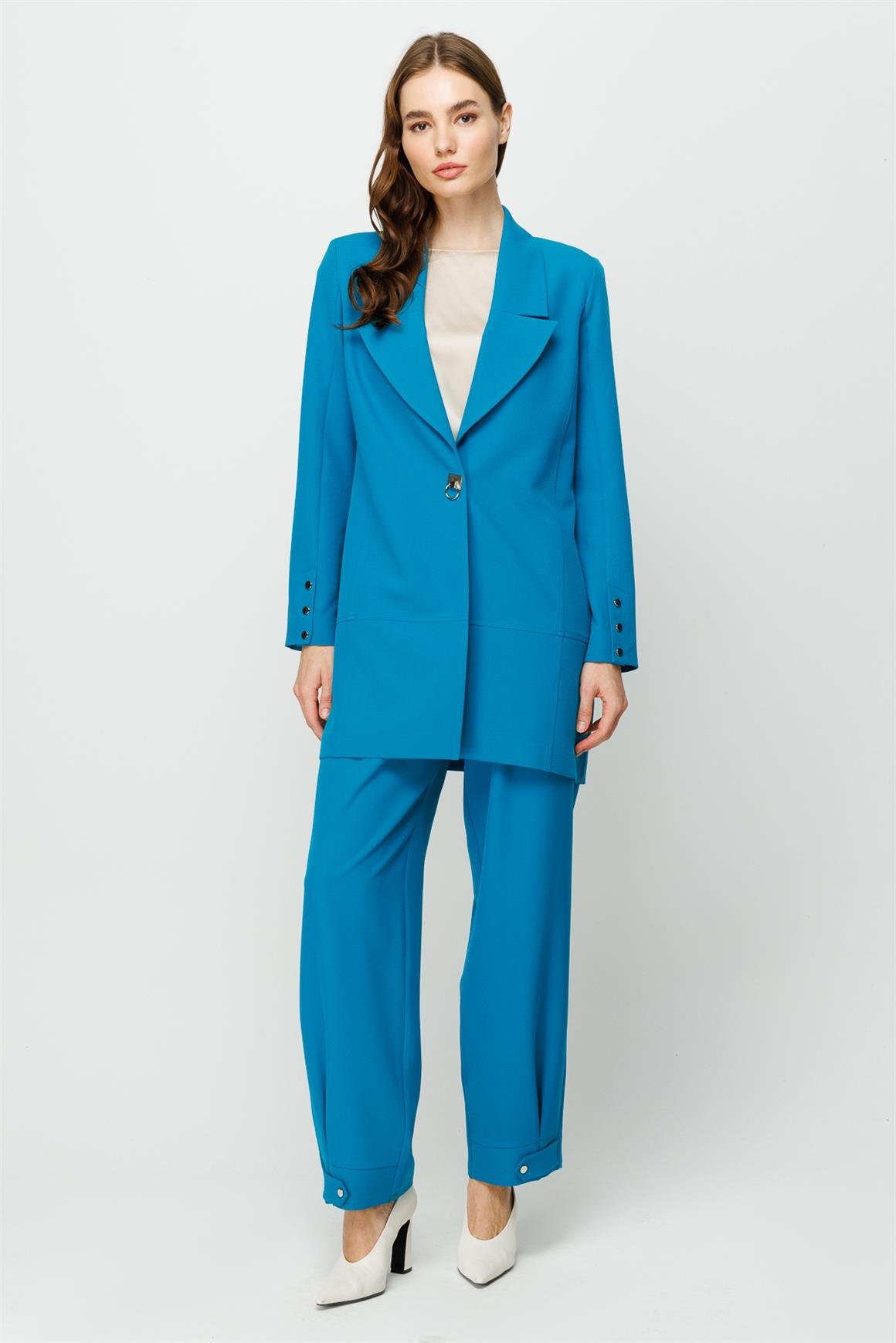 Çıt Çıt Detaylı Oversize Ceket Pantolon Takım  Turkuaz