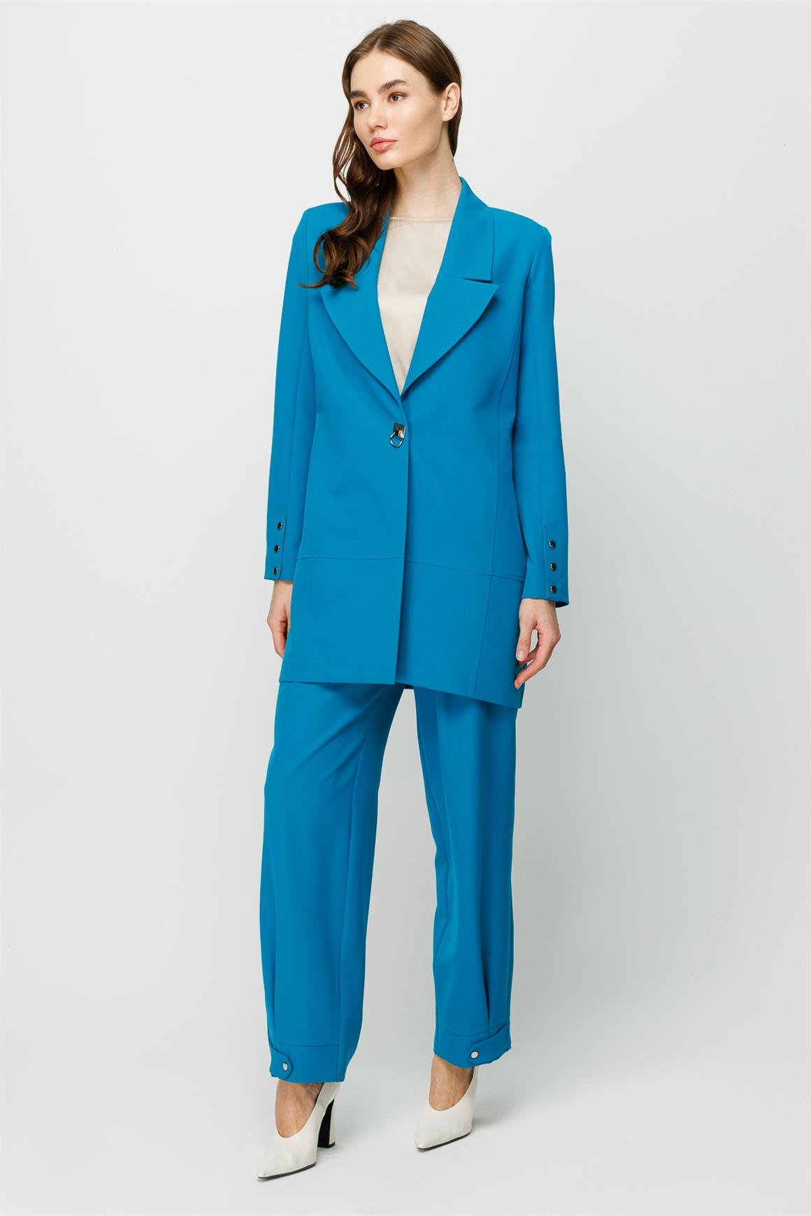 Çıt Çıt Detaylı Oversize Ceket Pantolon Takım  Turkuaz
