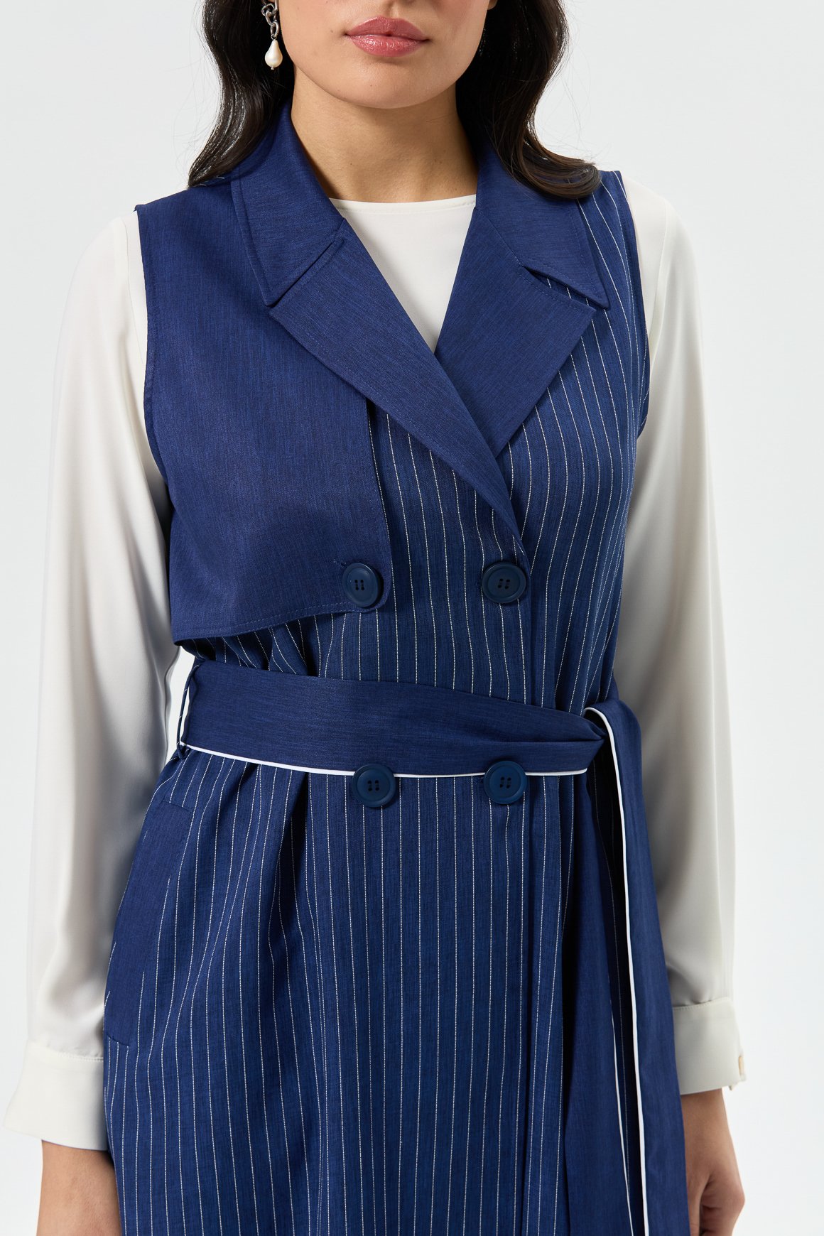 Çizgili ve Düz Polyviskon Kumaş Uzun Yelekli Pantolonlu Takım  Laci