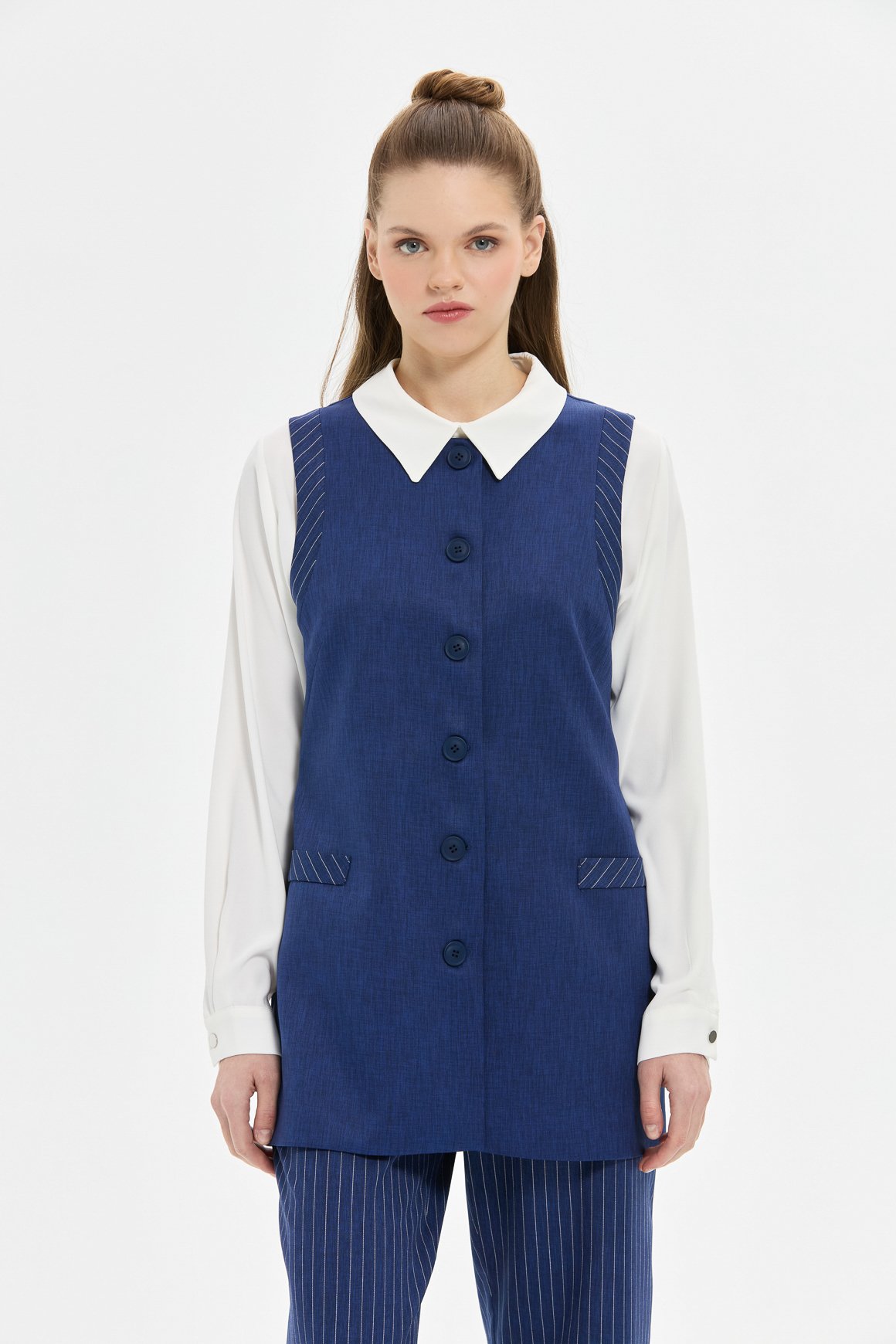 Çizgili ve Düz Poliviskon Kumaş Yelek Pantolon Takım  Laci