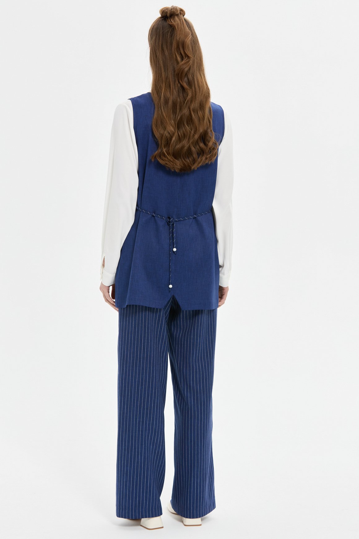 Çizgili ve Düz Poliviskon Kumaş Yelek Pantolon Takım  Laci