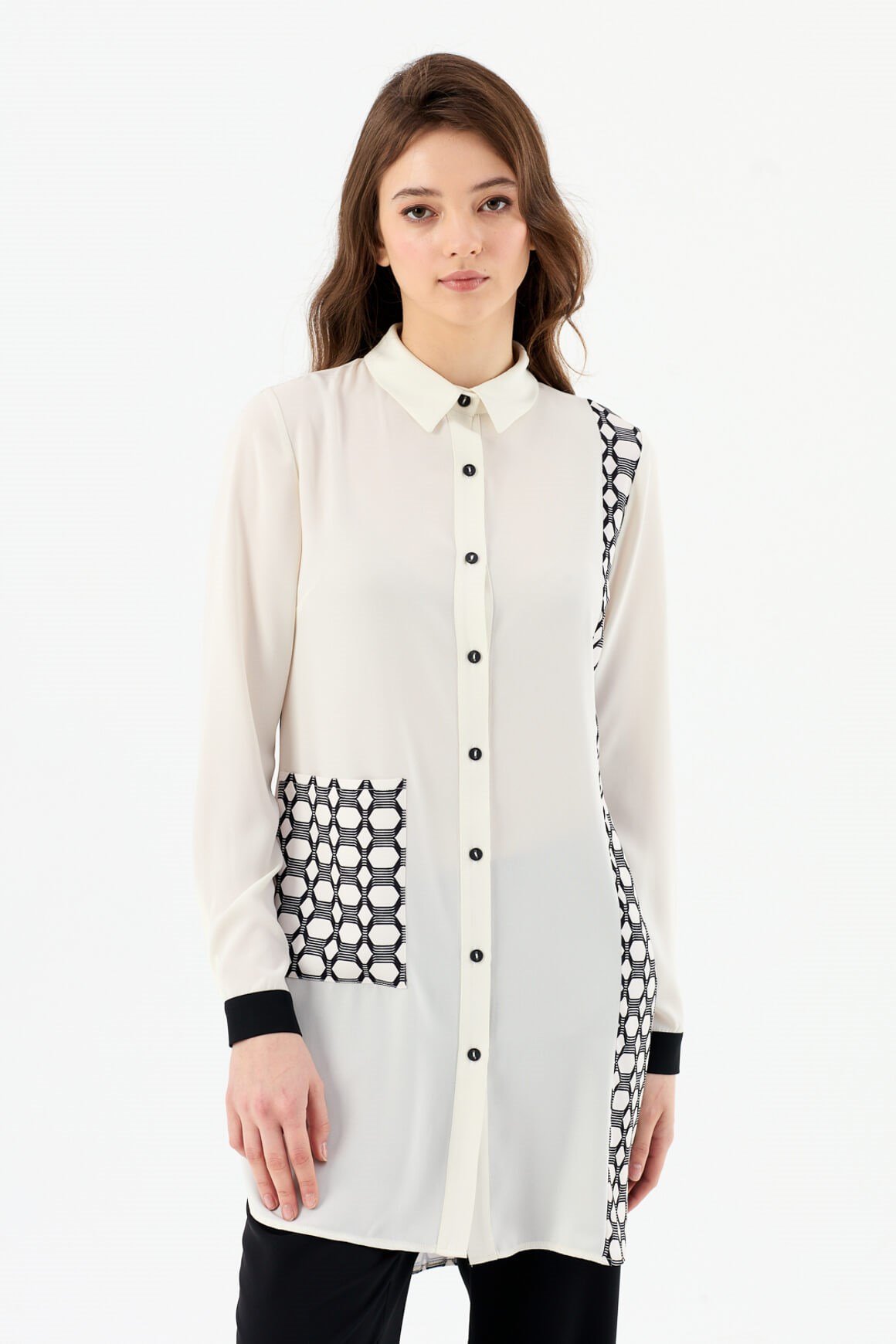 Desen Kombinli Pantolon Tunik Takım  Ekru