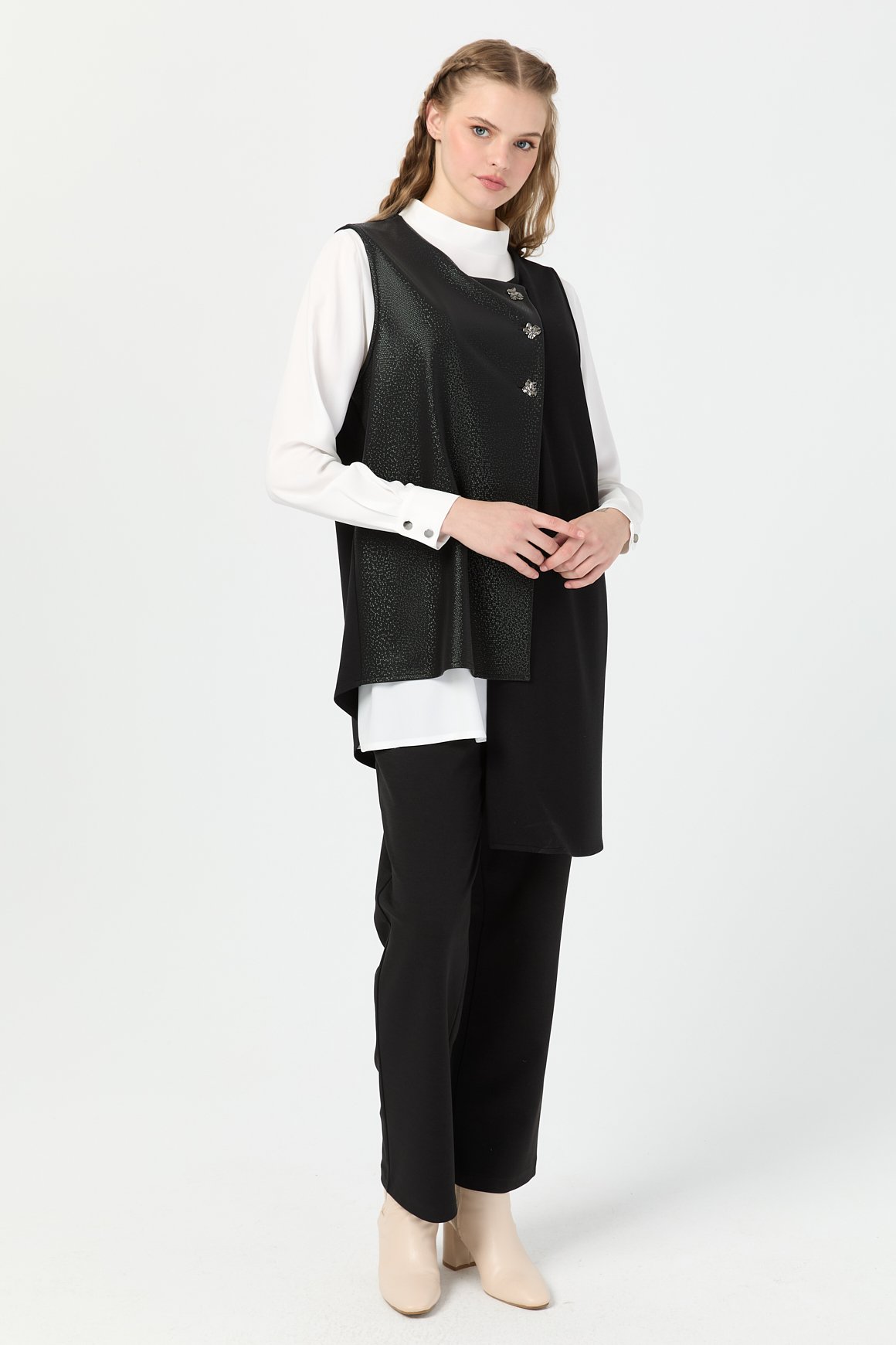 Desenli Deri Garnili Üçlü Takım  Siyah