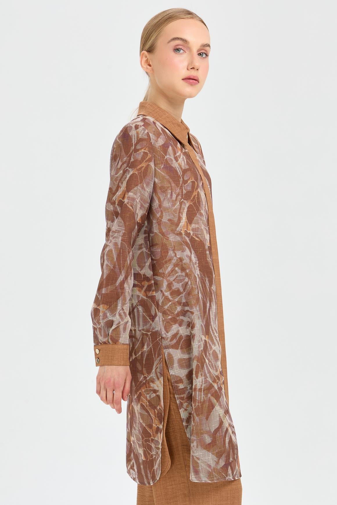 Desenli File Kumaş Tunik Pantolon Takım  Camel