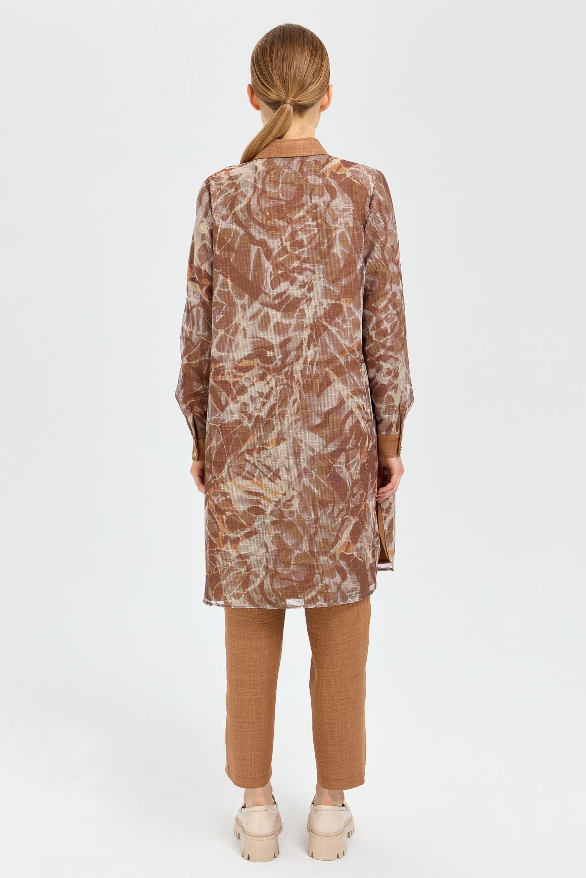 Desenli File Kumaş Tunik Pantolon Takım  Camel