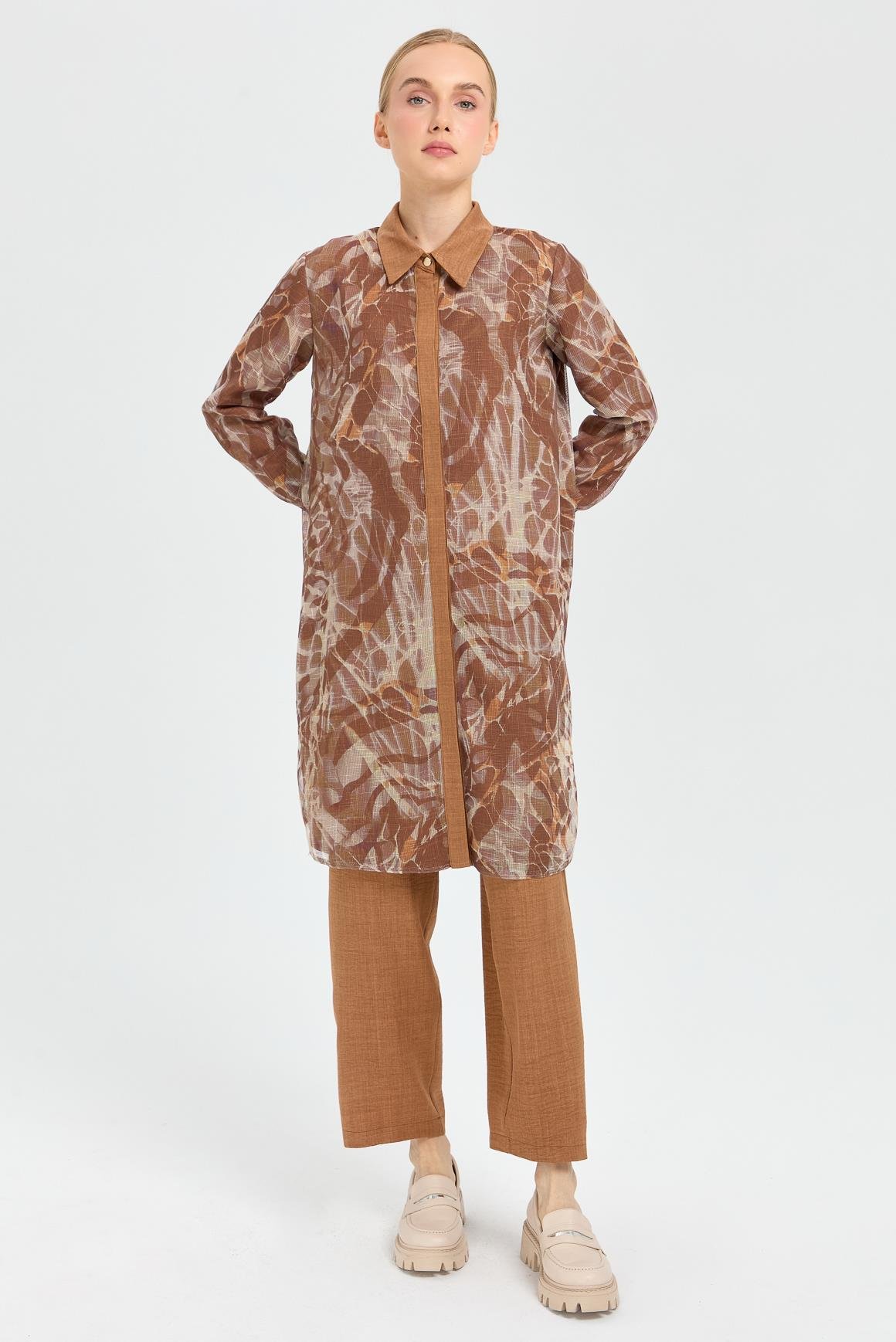 Desenli File Kumaş Tunik Pantolon Takım  Camel