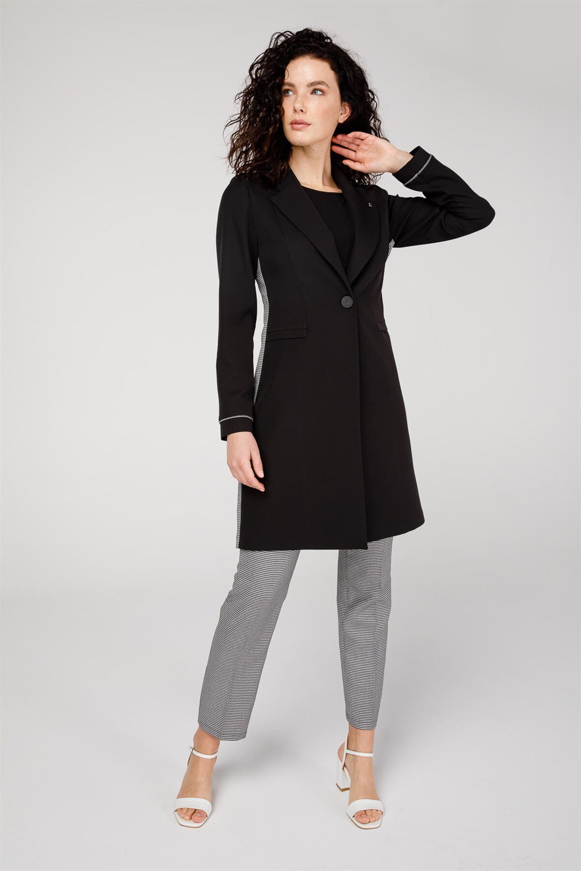 Erkek Yakalı Kaz Ayak Desen Kombinli Pantolon Ceket Takım  Siyah