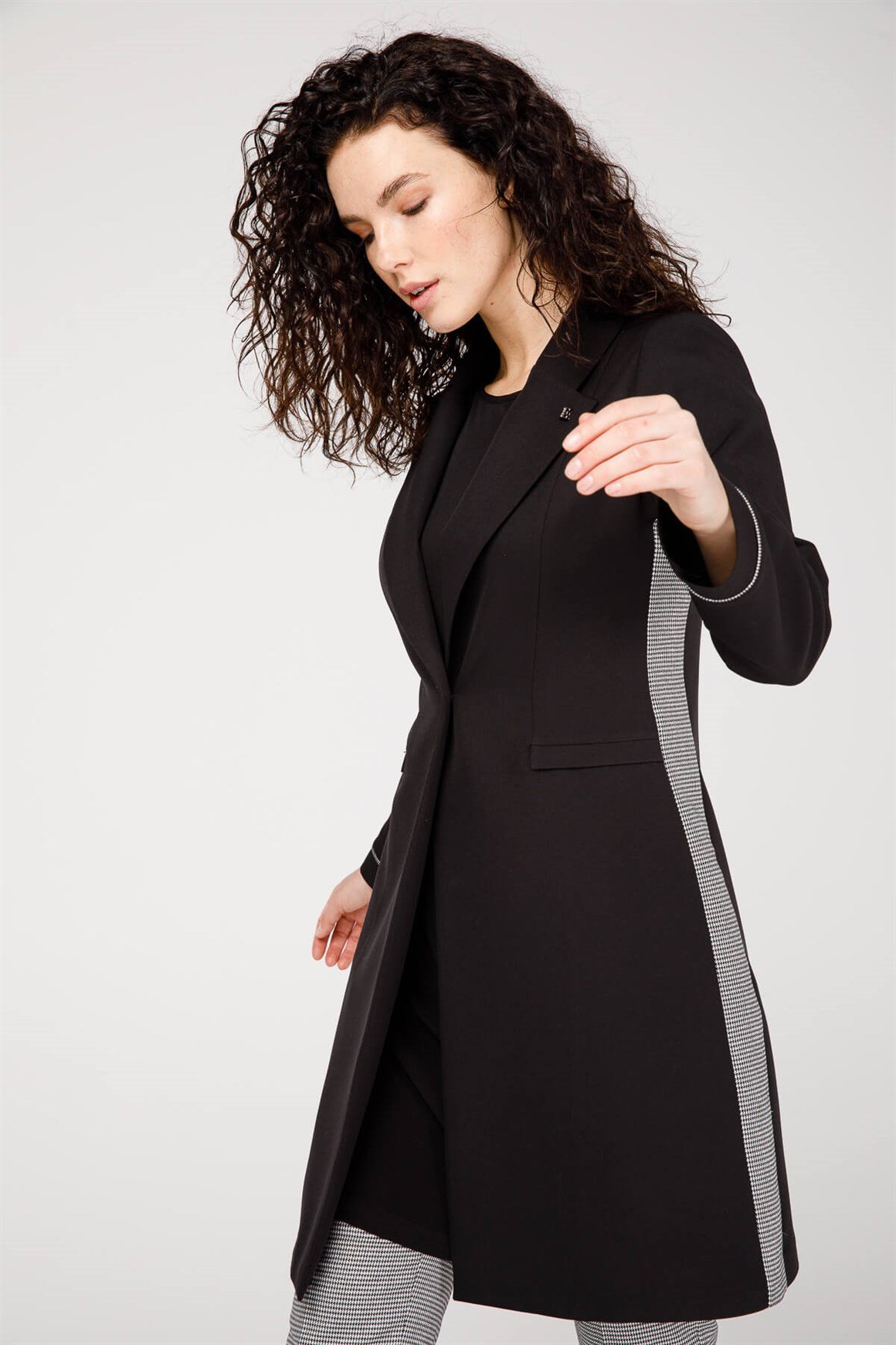 Erkek Yakalı Kaz Ayak Desen Kombinli Pantolon Ceket Takım  Siyah