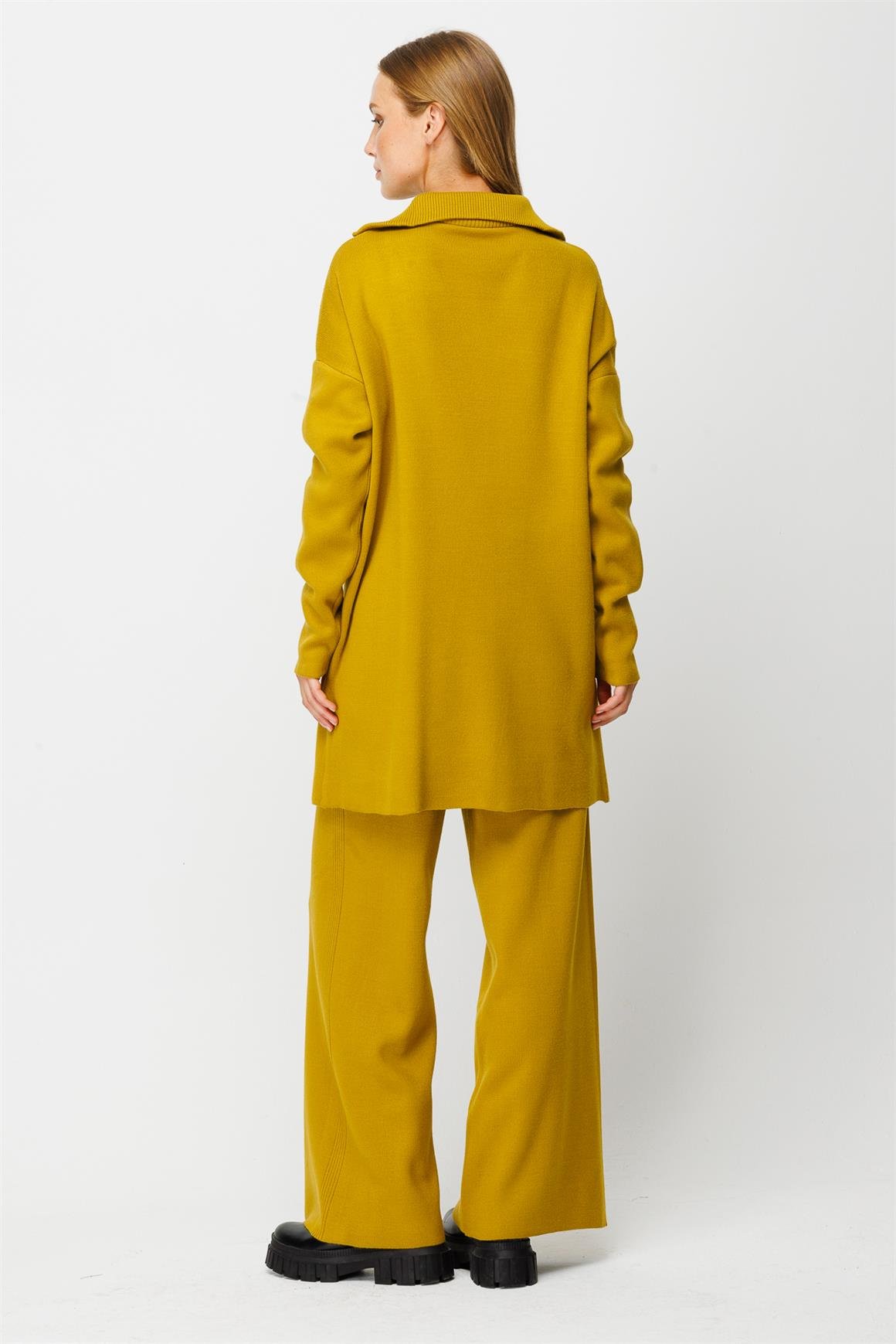 Fermuar Kapama Yakalı Triko Pantolonlu Takım  Fıstık Yeşili