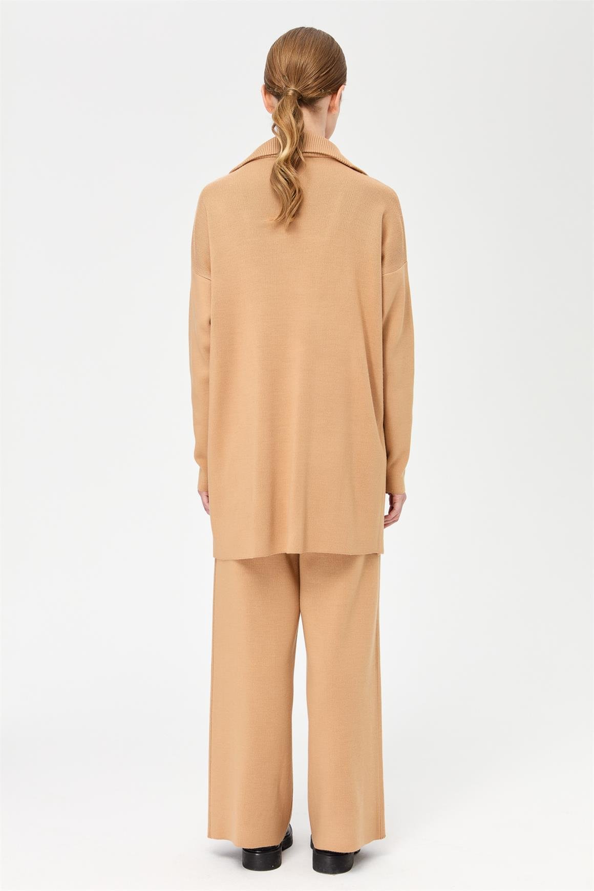 Fermuar Kapama Yakalı Triko Pantolonlu Takım  Vizon