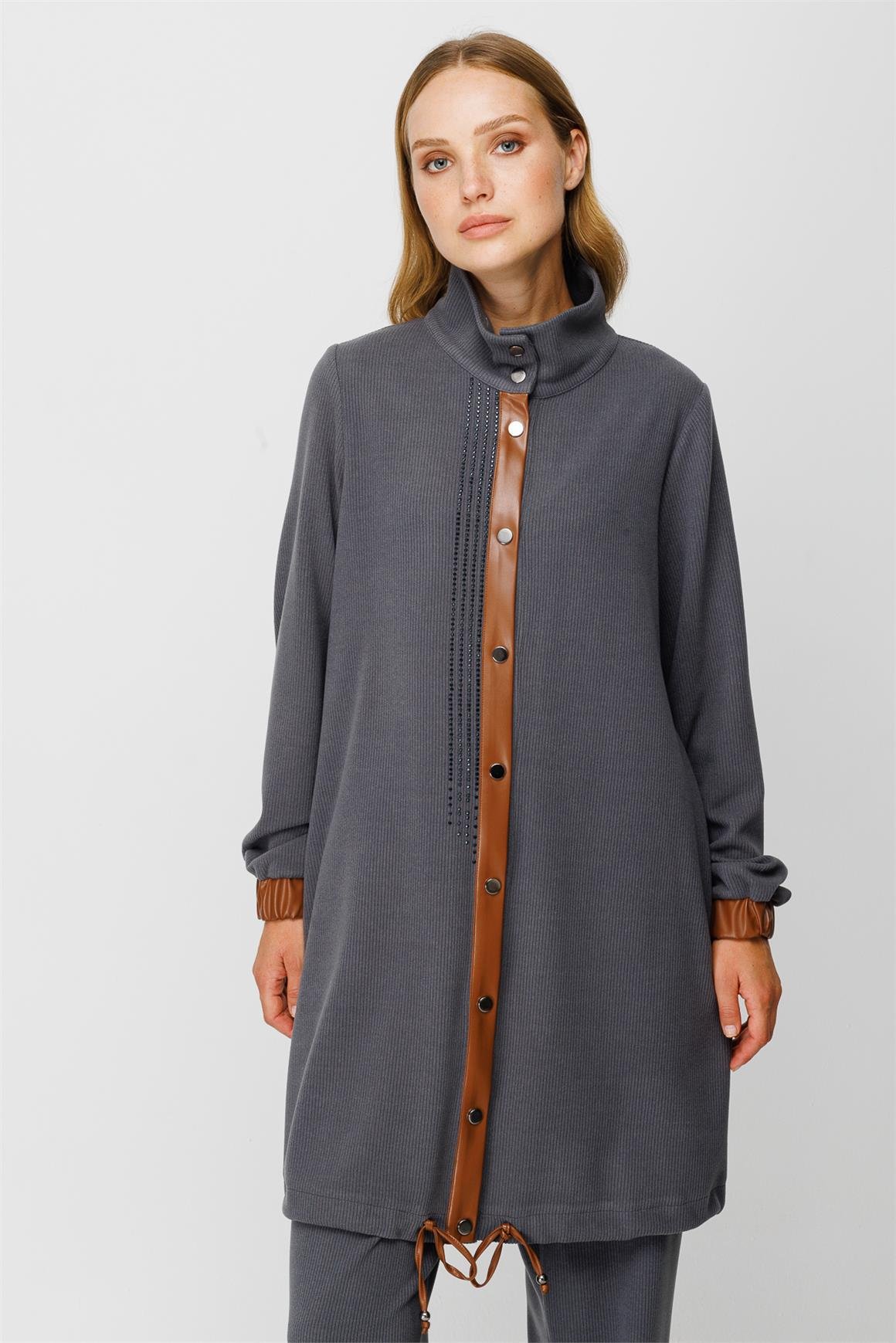 Fitilli Örme Kumaş Swarows Taş Detaylı Pantolon Giy Çık Takım  Antrasit