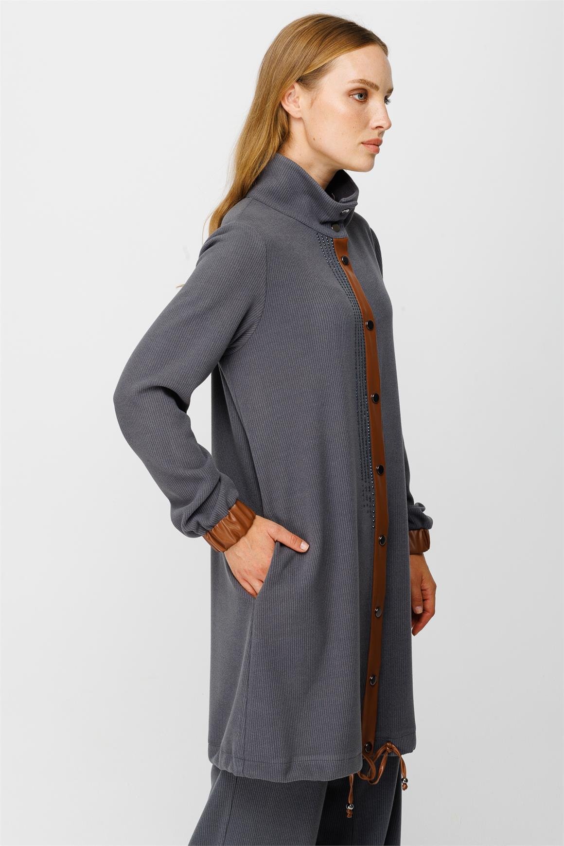 Fitilli Örme Kumaş Swarows Taş Detaylı Pantolon Giy Çık Takım  Antrasit