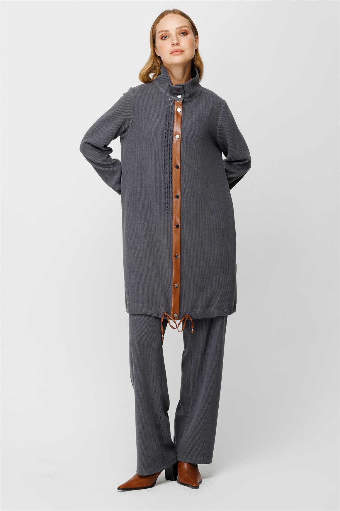 Fitilli Örme Kumaş Swarows Taş Detaylı Pantolon Giy Çık Takım  Antrasit