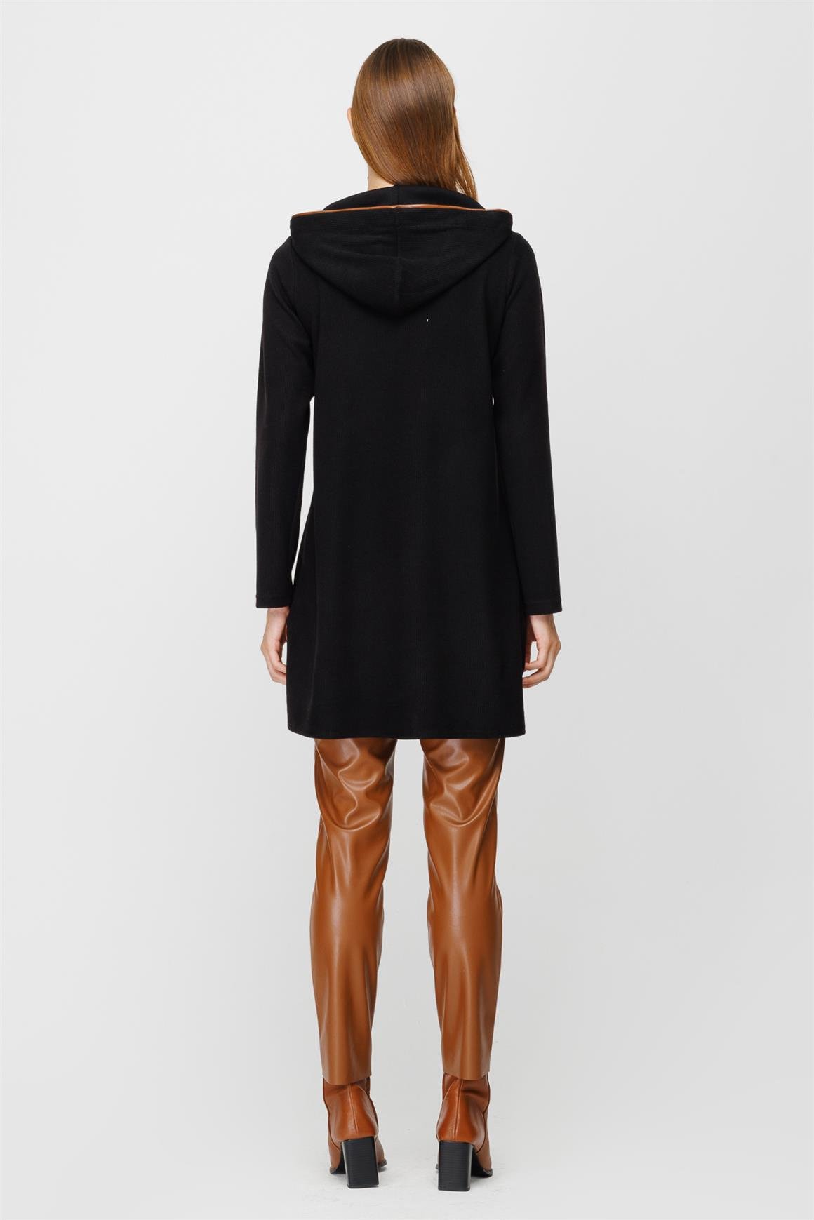 Fitilli Örme Kumaştan Kapişonlu Deri Detaylı Pantolon Tunik Takım  Siyah