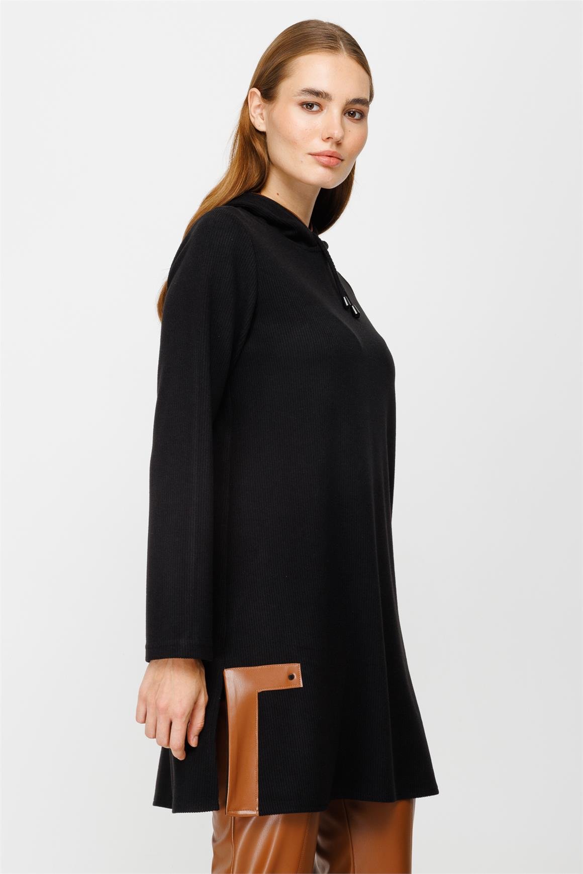 Fitilli Örme Kumaştan Kapişonlu Deri Detaylı Pantolon Tunik Takım  Siyah