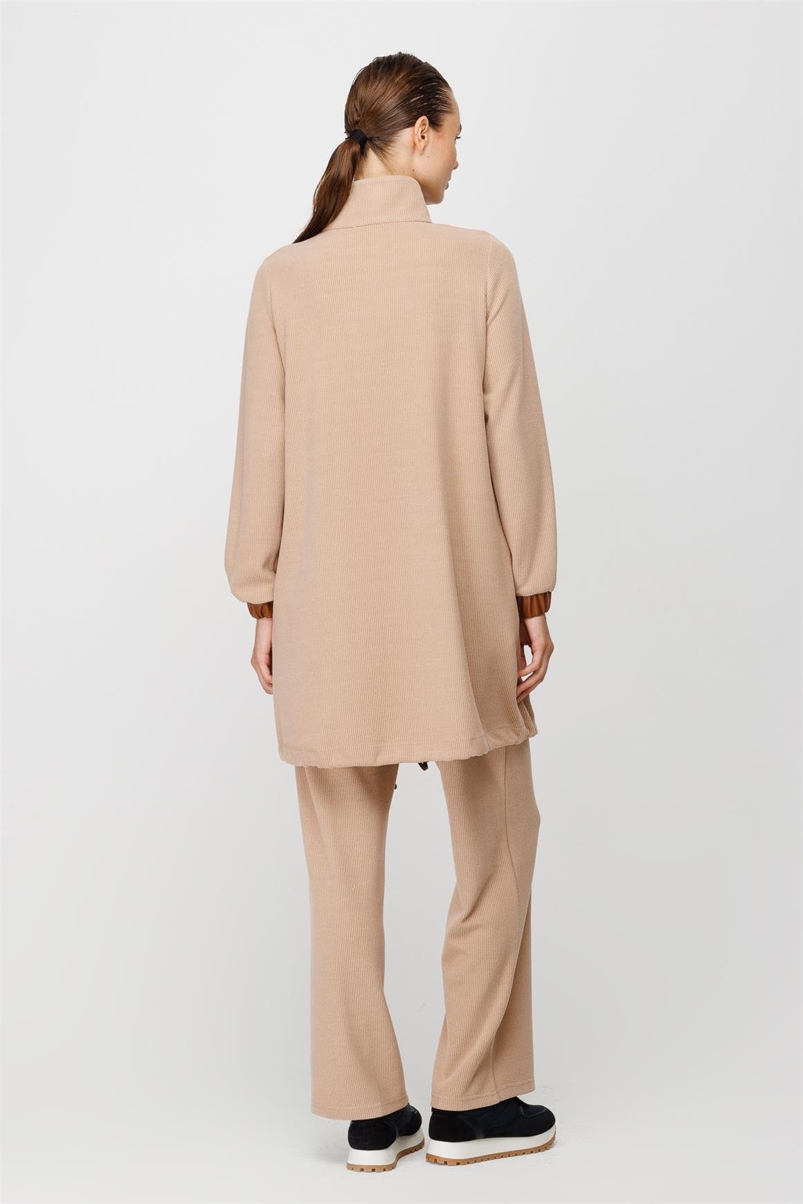 Fitilli Örme Kumaş Swarows Taş Detaylı Pantolon Giy Çık Takım  Vizon